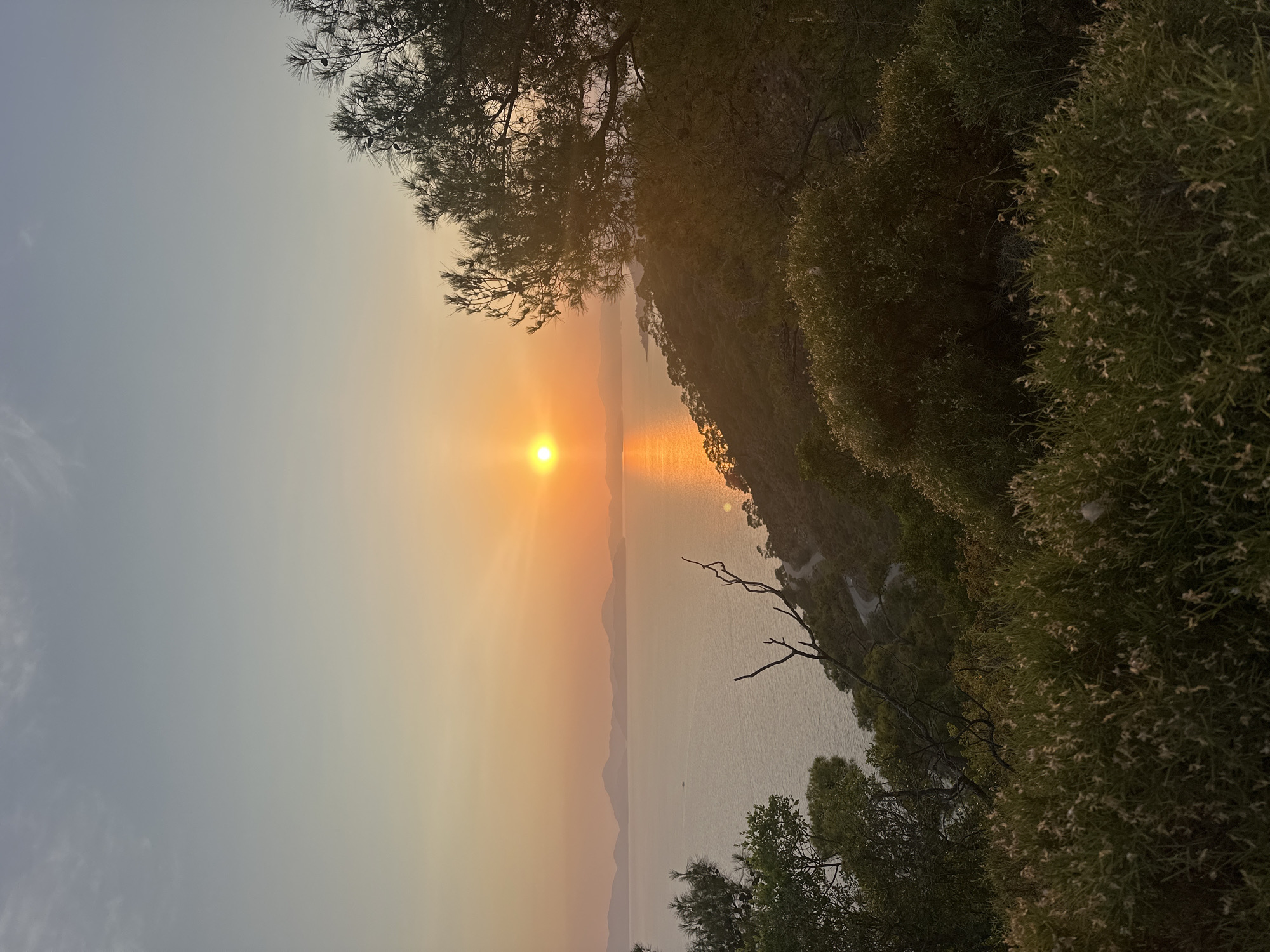 The image depicts a serene coastal sunset, likely taken from a hillside overlooking the sea. The sun, a bright orb of orange, is setting on the horizon, casting a shimmering golden path across the calm water. In the distance, a chain of islands or peninsulas forms a soft, hazy silhouette against the pale sky, which transitions from a light blue at the top to a warm orange hue near the horizon.
The foreground and midground are dominated by lush, green vegetation, including trees and shrubs, some of which are silhouetted against the bright sky and the setting sun. A winding road is visible snaking its way down the hillside, suggesting a populated area or a scenic route. The overall atmosphere is peaceful and tranquil, with the natural beauty of the landscape bathed in the warm glow of the setting sun.
While the image doesn't explicitly show the city of Fethiye, Turkey, the description of a coastal sunset with islands in the distance strongly suggests a location within or near Fethiye, a well-known Turkish resort town situated on the Mediterranean coast, famous for its beautiful bays and surrounding mountainous terrain. The presence of a winding road on a hillside overlooking the sea is consistent with the topography of the Fethiye region. There are no people or active subjects visible in the image.