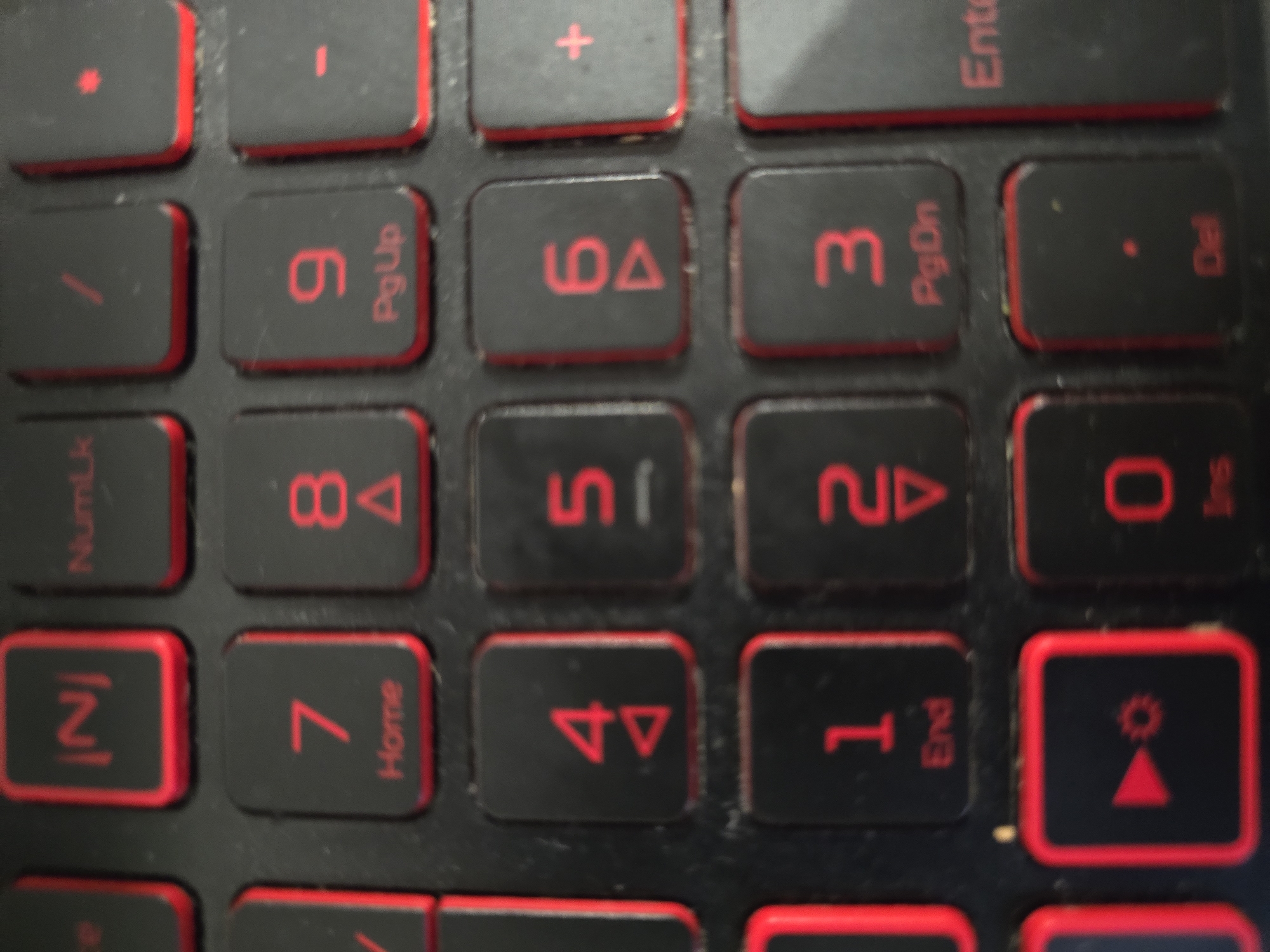 The image shows a close-up, vertical view of a black keyboard with red-backlit keys. The keys are arranged in a standard QWERTY layout with a prominent numeric keypad on the right. Visible keys include several numbers (1, 2, 3, 4, 5, 6, 7, 8, 9, 0), punctuation marks (/ , .), and function keys (Home, End, PgUp, PgDn, Del, Enter). There are also symbols on some keys, such as arrows and what appears to be a play/pause button with a gear icon. The keyboard is dusty, and the lighting suggests it might be a dark environment with the keyboard backlight being the primary light source. No people or city elements are visible in the image.