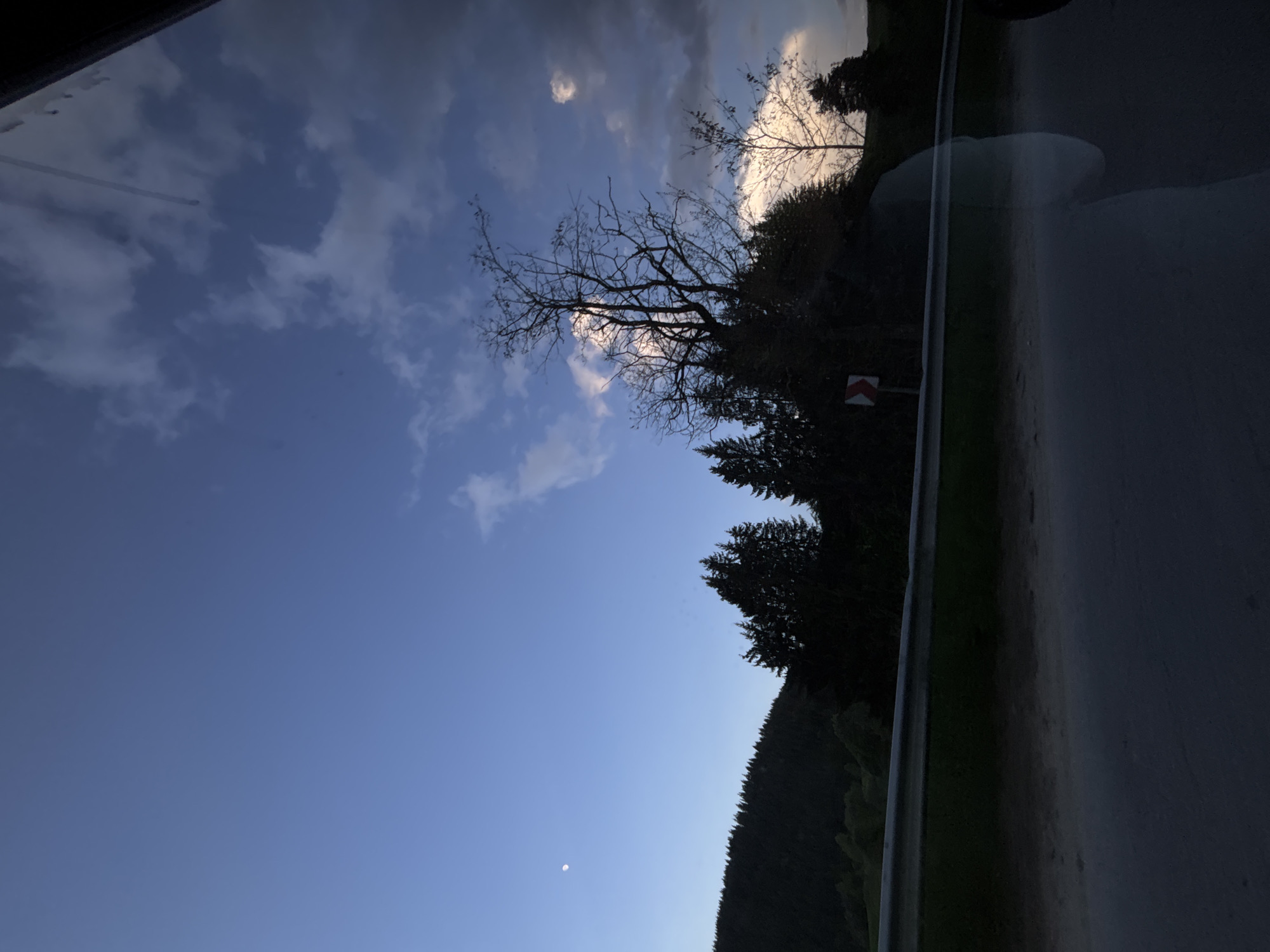The image shows a view from inside a vehicle, likely a car. The sky is visible with scattered clouds and a hint of twilight. The scene captures a road passing through a forested area. A road sign indicating a sharp turn is visible on the side of the road. A small moon is visible in the blue sky. Based on the location information, the scene is likely in or near Borino, Bulgaria.