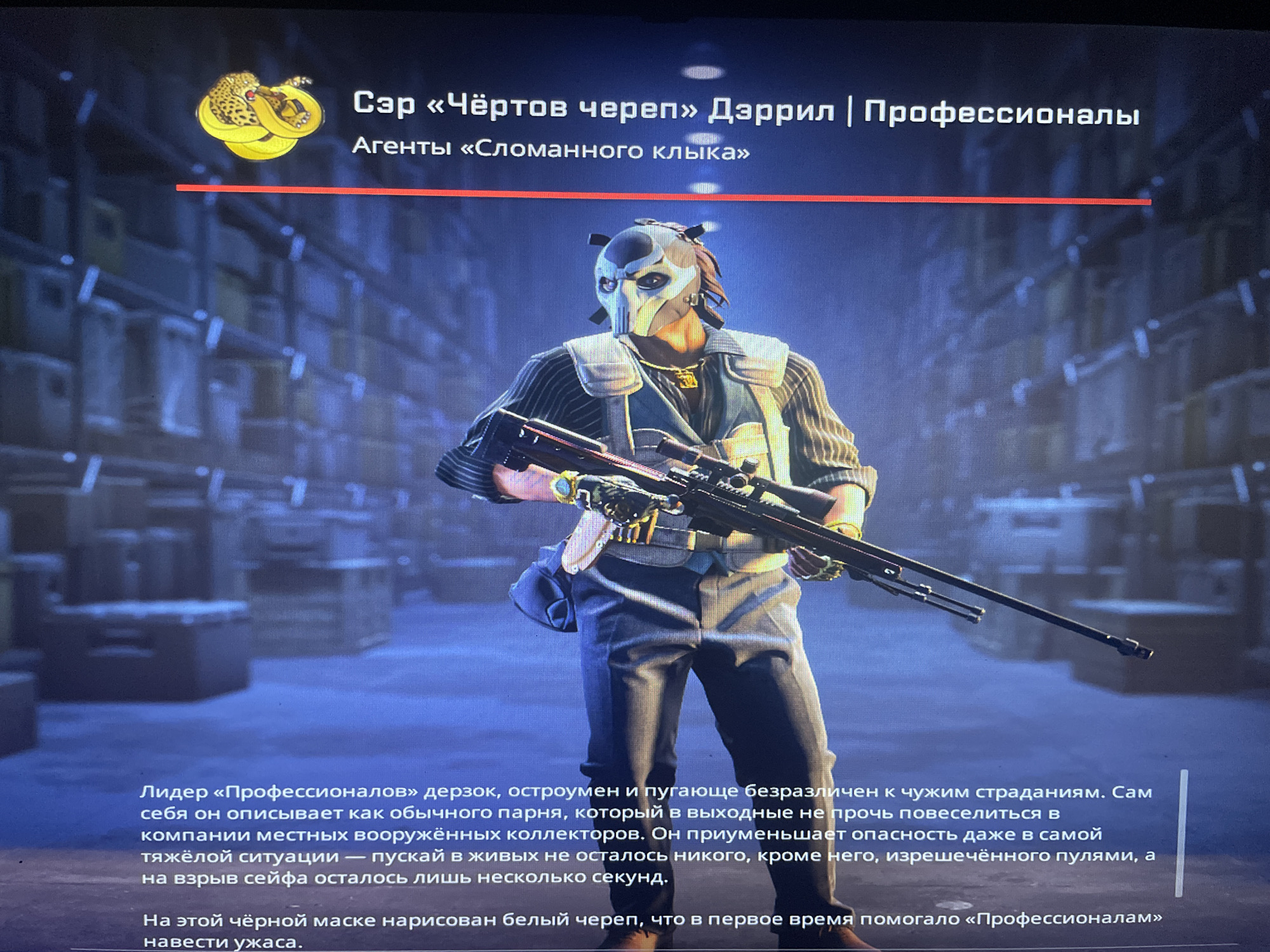 The image displays a character in a video game, identified as "Leader of the «Professionals»". The character is wearing a mask that resembles a skull, a vest, and dark pants, and is holding a sniper rifle. Text on the screen describes the character and the organization. The background appears to be an indoor warehouse or storage facility. There is no information in the image to suggest any connection to the city of Kołobrzeg, Poland.