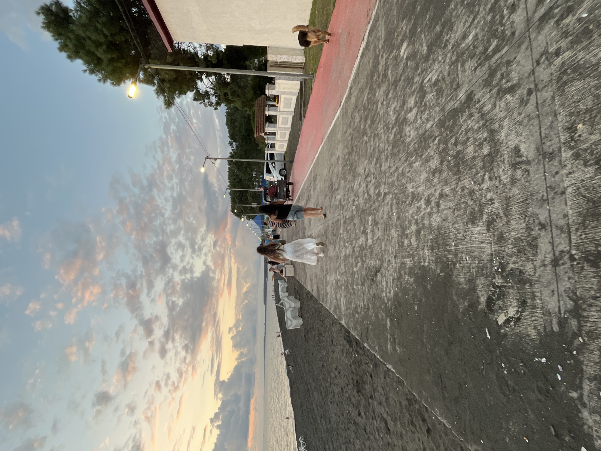 The image depicts a beachside promenade in Ureki, Georgia, at dusk. The sky is a soft blend of blue, pink, and yellow, with scattered clouds. The promenade, paved with concrete, runs parallel to a dark sand beach on the left, where the sea is visible. Several white lounge chairs are scattered on the beach.
On the promenade, two young women are walking away from the camera towards the right. The woman in front wears a long white dress, and the woman behind her wears a black tank top and denim shorts. Further down the promenade, a small three-wheeled vehicle is parked, and behind it, a white car and other vehicles are visible. A red-colored lane marks a portion of the promenade to the right.
A dog, appearing to be a German Shepherd mix, walks on the red lane, facing away from the camera. A white building with a red roofline is situated on the far right. Tall trees line the background behind the promenade and building. Streetlights are visible along the promenade, some illuminated. The overall scene captures a peaceful evening atmosphere at the seaside.