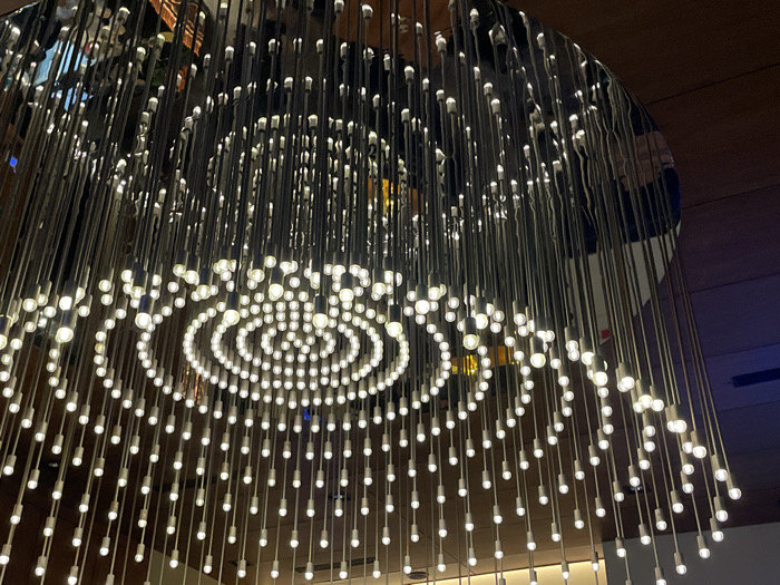 The image showcases a large, modern chandelier from a low angle. The fixture features multiple concentric circles of lights suspended from a mirrored or reflective upper surface. Light-colored, elongated bulbs hang from thin, vertical wires or rods of varying lengths. The arrangement creates a cascading, dynamic effect. The background shows glimpses of the room's architecture and ceiling, but the chandelier dominates the view. The overall lighting is bright and creates a visually striking effect.