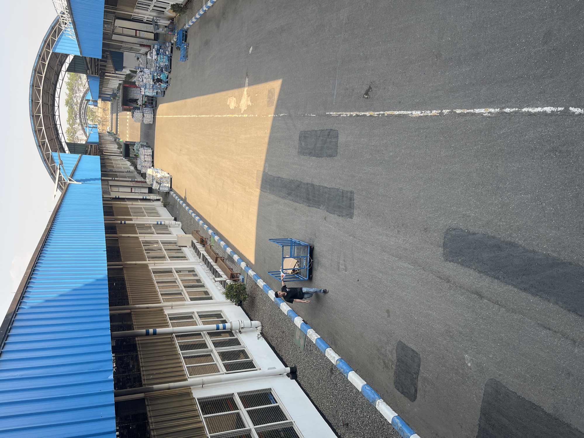 The image depicts a wide, paved outdoor area between two long industrial buildings with blue corrugated metal roofs. A person wearing a black t-shirt and blue jeans is walking a blue metal cart across the asphalt. The cart appears to contain some items wrapped in white material. The buildings have numerous windows and are bordered by a gravel area and a blue and white striped curb. Further down the paved area, several trucks are visible, some with their cargo open, revealing stacks of white-wrapped bundles. The overall scene suggests an industrial or logistics facility. The presence of the Indonesian flag on a building in the distance indicates the location is in Indonesia. The specific location of Pelang, Indonesia is unknown from the visual information provided in the image.