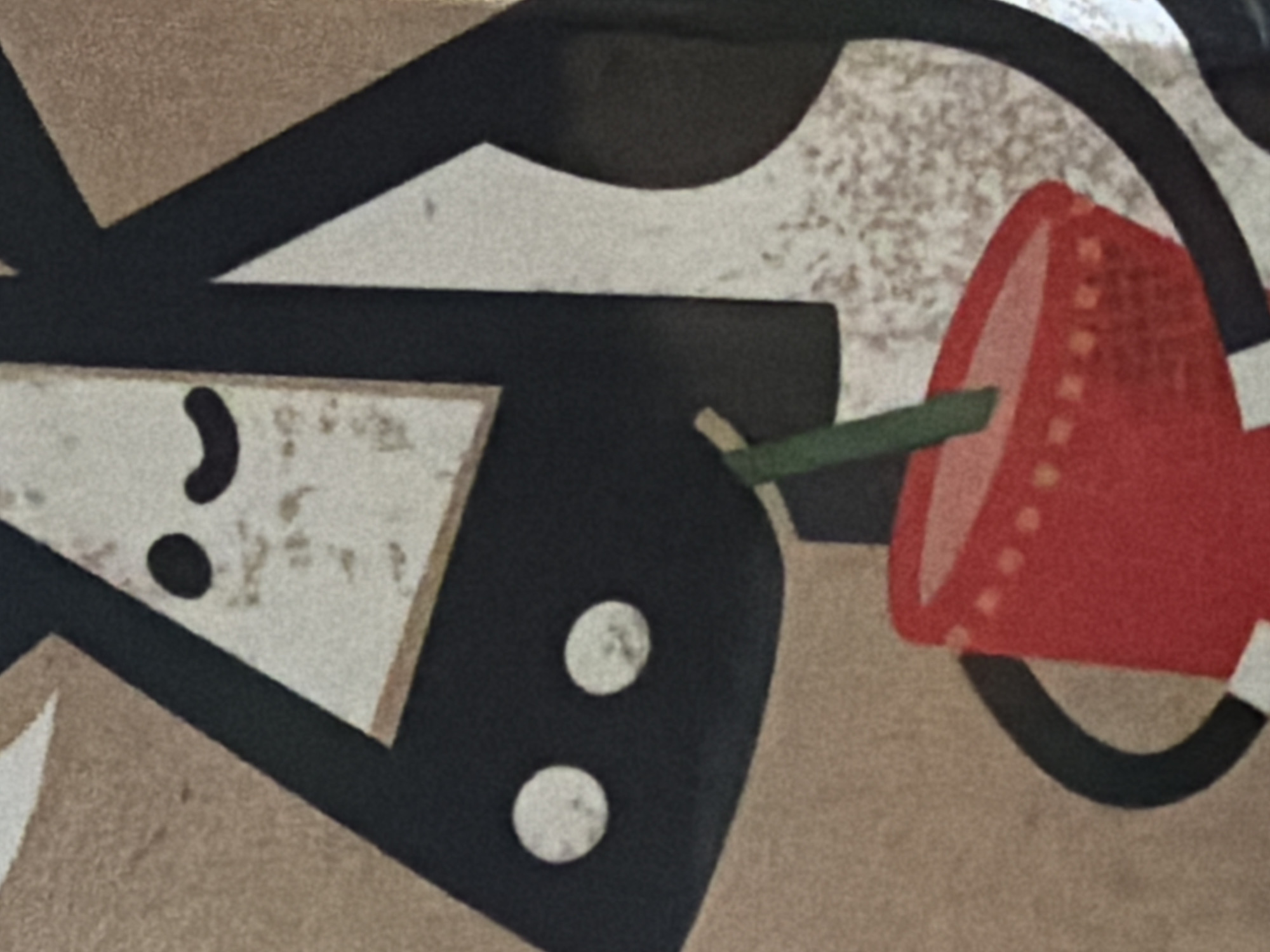 This is a close-up, abstract illustration of a cow. The cow's face is depicted in black and white with two large white circles for eyes and a curved black line for a mouth. A green straw extends from a red cup, which the cow appears to be drinking from. The background is a mottled tan and off-white. The image is cropped tightly on the cow's face and upper body, with no environmental context provided.