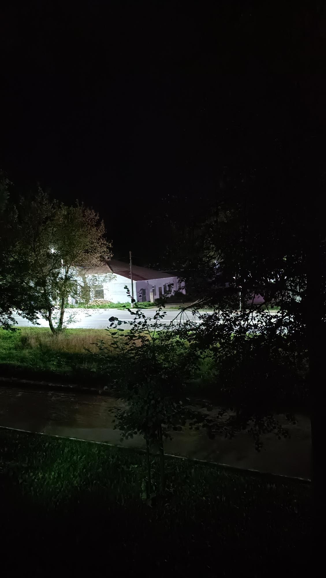 The image shows a night scene of a white building with a dark roof, possibly a house or a small commercial establishment, located in Chaikovsky, Russia. The building has several windows and shutters. In front of the building, there is a road, a grassy area, and a body of water, likely a small stream or canal. Several trees and bushes are present, with some foliage obscuring parts of the scene. The lighting suggests artificial light sources illuminating the building and surrounding area. There are no visible people in the image.