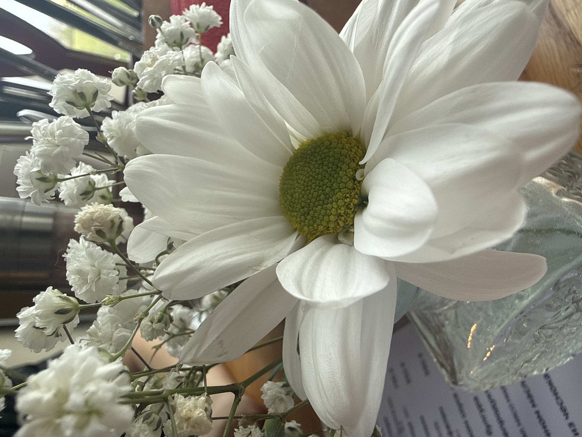 A close-up, brightly lit image captures a fresh floral arrangement, primarily featuring a large white daisy or chrysanthemum with a prominent green-yellow disk florets in its center. The petals of this main flower are pure white and show gentle curves and textures.
Accompanying the central flower are numerous clusters of smaller, delicate white flowers, likely Baby's Breath (Gypsophila), which provide a soft, airy contrast. Some of these smaller blooms are in sharp focus, while others are softly blurred, indicating a shallow depth of field.
The flowers are held in a clear, faceted glass vase, partially visible on the right side of the frame. In the blurred background, several elements can be discerned: dark horizontal lines, possibly blinds or window frames, in the upper left; a hint of a light-colored surface, perhaps a wooden table; and a faint red-toned area. At the bottom right, beneath the vase, a white surface with lines of indecipherable text is visible, suggesting a document, menu, or similar printed material. The overall setting appears to be indoors during daytime, with soft natural light illuminating the subjects. The image conveys a sense of freshness and serenity. There are no people or specific activities depicted.