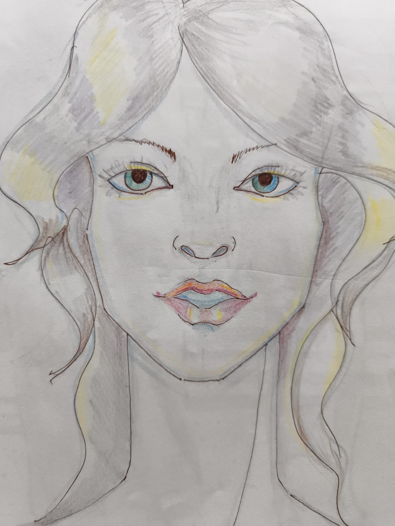 A colored pencil drawing depicts a close-up portrait of a young woman's face and shoulders. Her wavy hair is colored with shades of gray and yellow. Her eyes are blue-green with brown pupils, and she has distinct eyelashes. Her eyebrows are light brown. She has a small nose and full lips colored with red, pink, and blue. The drawing is on white paper, and the background is plain. The artwork is not located in the city of Saint-Denis, France.