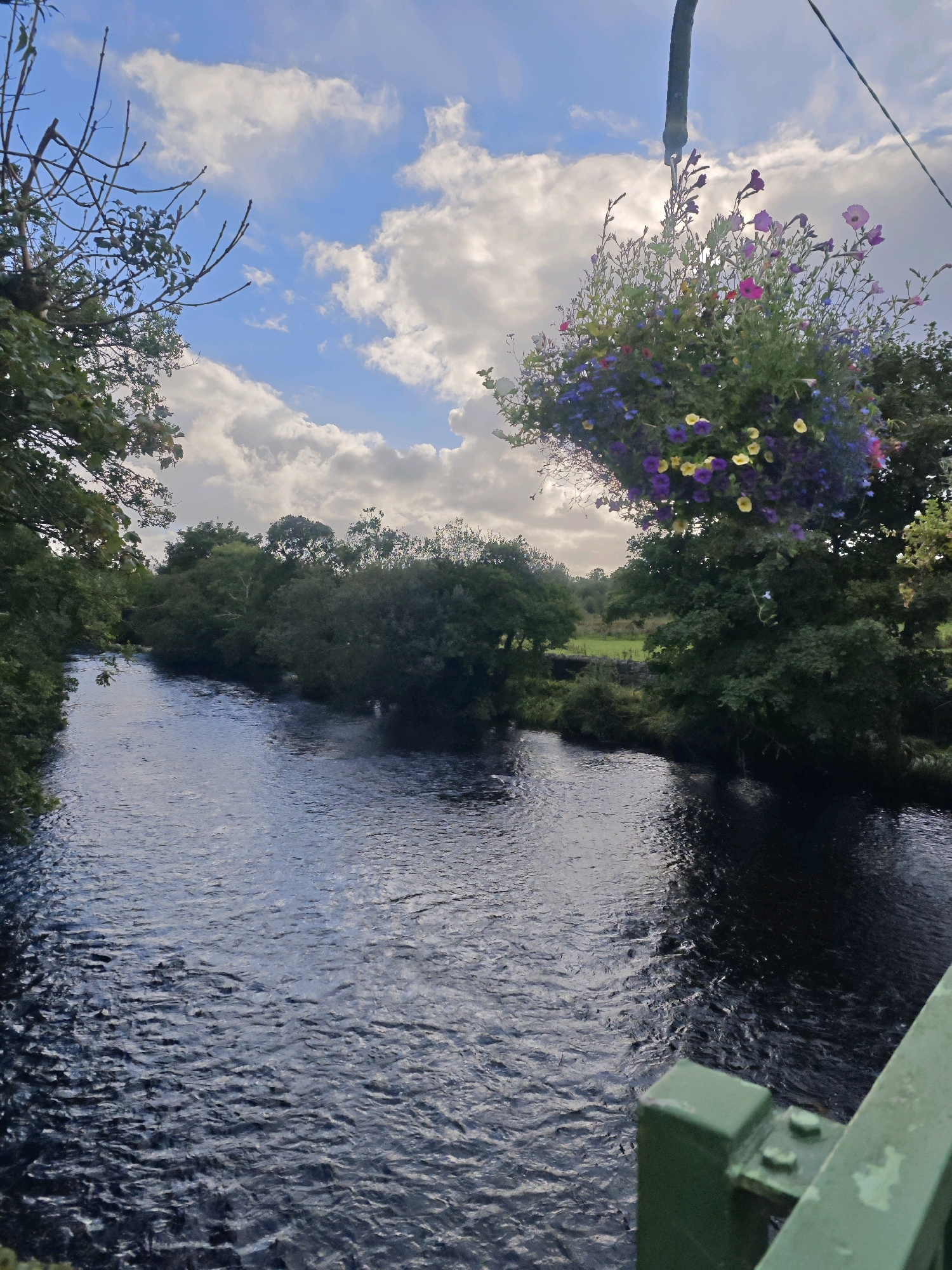 This is a photograph taken from a bridge overlooking a river in Oughterard, Ireland. The river is dark and reflects the sky and surrounding trees. On the right side of the image, a bright green railing of the bridge is visible, with a hanging basket of colorful flowers suspended above it. The background consists of lush green trees and a partly cloudy sky. The scene appears peaceful and natural, with no people or specific actions depicted. The overall impression is one of a tranquil natural setting within a town.