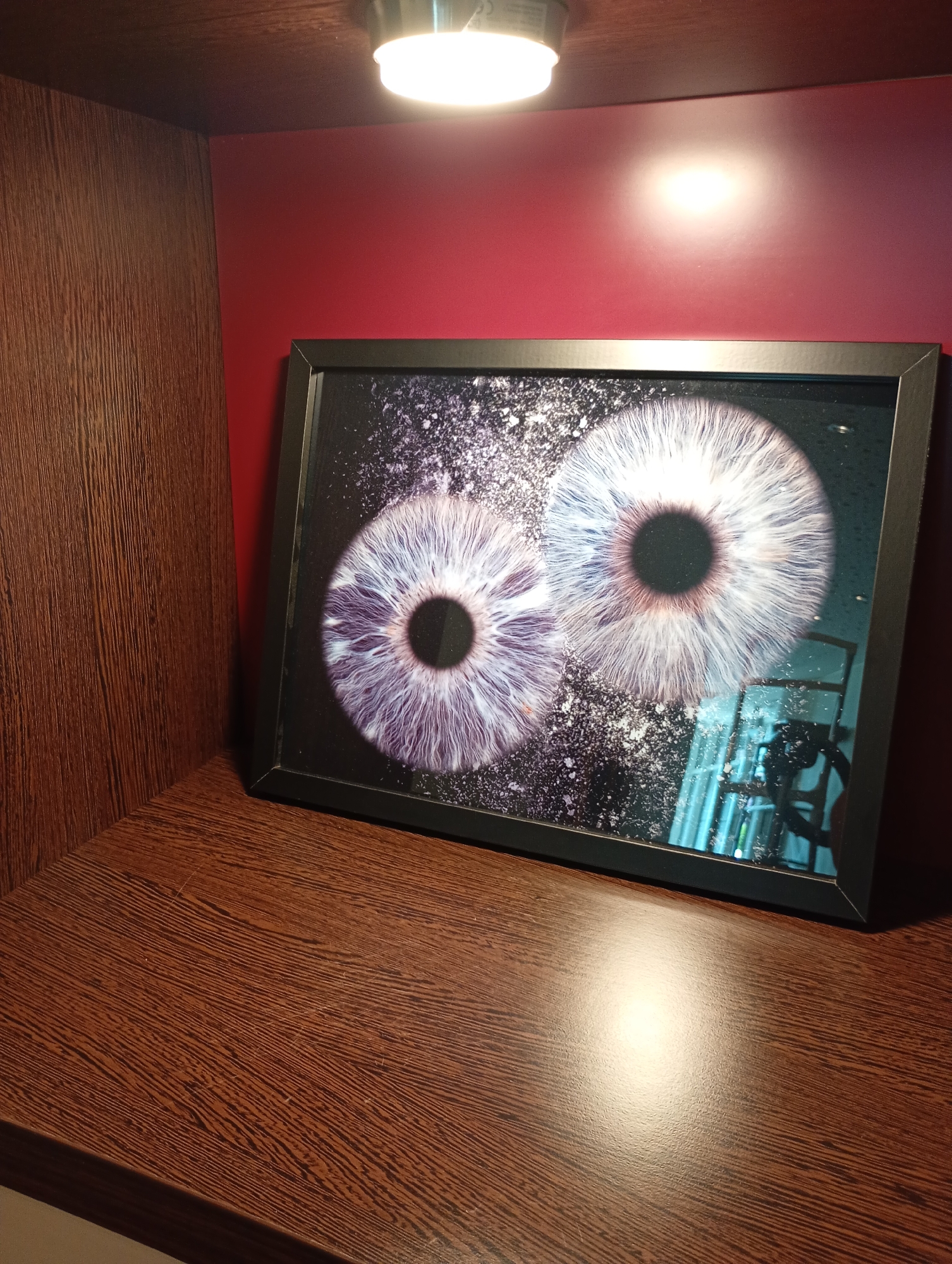 A framed artwork featuring a close-up of two irises with purple and white coloration, set against a dark, speckled background, is positioned on a wooden shelf. The artwork is angled slightly towards the viewer. Above and behind the artwork, a red wall is visible, illuminated by a bright, white light fixture attached to the ceiling. To the left of the red wall is a textured wooden panel. The shelf itself is made of dark wood with a visible grain pattern and shows signs of wear, including light scratches. Reflections of a room, possibly containing furniture and a person, are visible on the glass surface of the artwork. The scene is indoors, likely within a domestic or office setting. This scene does not provide any information to suggest a specific location in Bad Sachsa, Germany.
