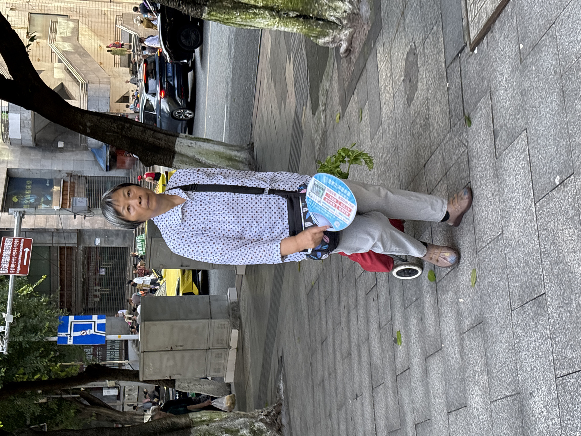 The image captures a street scene in Yuzhong District, China, with a middle-aged Asian woman walking on a paved sidewalk. She is wearing a white patterned shirt, light-colored pants, and flat shoes. She carries a shopping cart with a red bag and holds a blue fan with Chinese text and a bunch of green leafy vegetables. A black shoulder bag is slung across her body. In the background, a yellow car, other pedestrians, buildings, trees, and parked vehicles are visible. The lighting suggests it is daytime, possibly late afternoon, with shadows indicating the sun's position. The environment appears to be a moderately busy urban area with traffic and commercial activity.