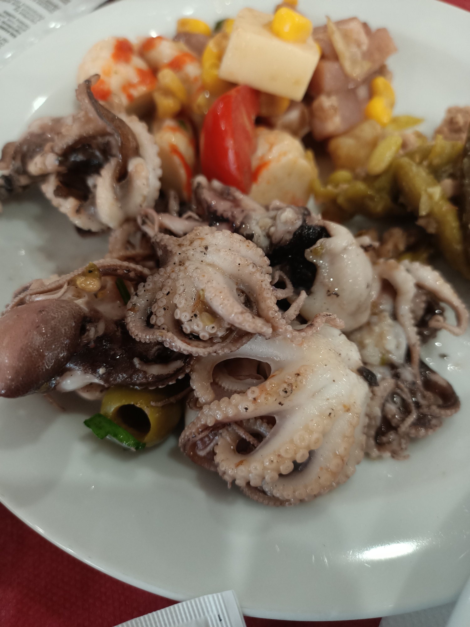 A close-up, eye-level, overhead shot showcases a white plate filled with a variety of food items, with a particular emphasis on small octopuses. The octopuses, cooked and seasoned with black specks of pepper, are arranged prominently in the foreground and mid-ground of the image. Their tentacles are spread out, revealing their characteristic suckers. Nestled amongst the octopuses is a sliced olive with a sliver of green herb.
In the background, other food items are visible. There are pieces of what appear to be shrimp mixed with corn kernels and diced vegetables, possibly potatoes and tomatoes. Further to the right, a pile of cooked green beans or similar vegetables adds to the assortment. The lighting is somewhat diffused, creating subtle reflections on the food and the plate. The table surface beneath the plate is a deep red. No people are visible in the image.