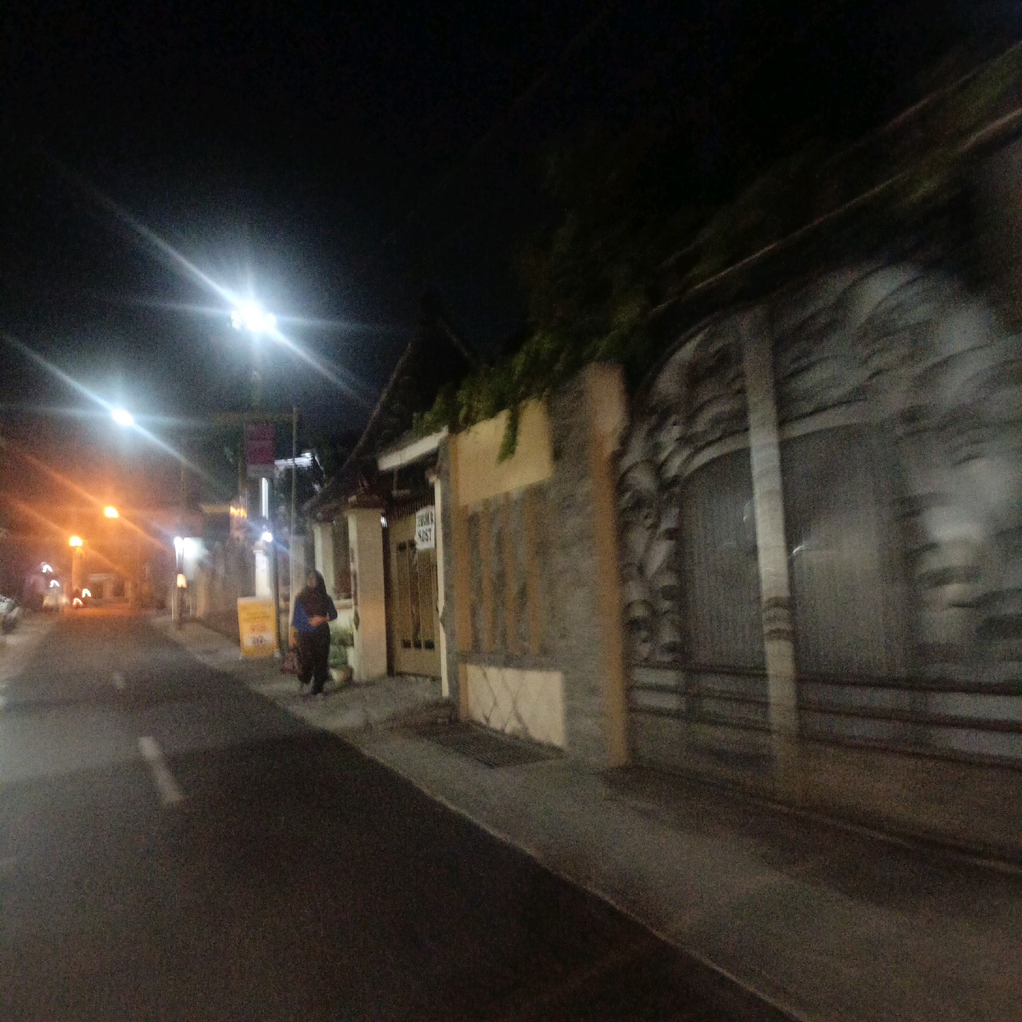 The image depicts a street scene at night in Salatiga, Indonesia. A street light with lens flare illuminates the left side of the road, casting orange and white light. A pedestrian, a woman wearing a dark hijab and blue top with dark pants, walks on the sidewalk to the right of the road, carrying a bag. Adjacent to her is a yellow sign. Further along the sidewalk, a building with a large, ornate gate is visible. The wall adjacent to the gate has a textured pattern, and vines grow on the building's facade. The road has a white line marking. The overall lighting suggests it is nighttime, and the environment appears to be a moderately urban area.