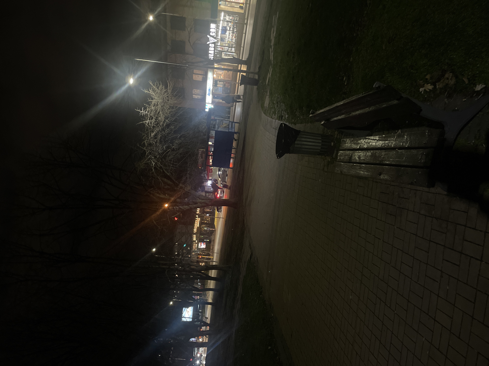 The image depicts a nighttime scene in Sofia, Bulgaria. The photograph is taken along a pedestrian walkway with a park on one side and a street with shops and traffic on the other. A wooden bench and a trash can are situated along the walkway. In the background, illuminated storefronts are visible, including one with the sign "GILA BO...". The street has moving vehicles, indicated by blurred headlights and taillights. Overhead streetlights cast bright glows through bare tree branches. The general ambiance suggests it's a wet or damp evening, as the bench and ground appear to have a sheen. The sky is dark, indicating nighttime.