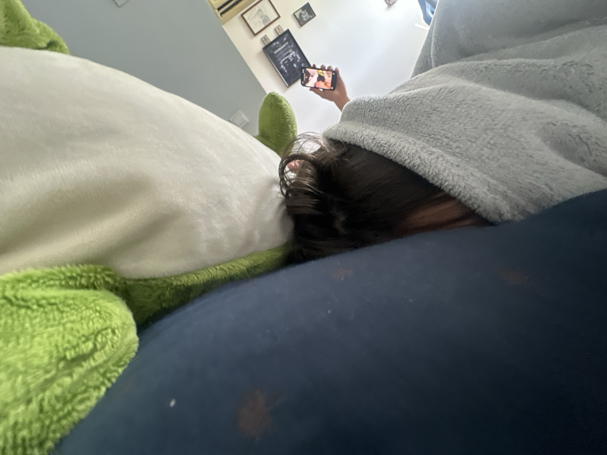 The image shows a person lying down, with their head and shoulders partially obscured by a light gray blanket. The person is holding a smartphone in their right hand, which is displaying an image. The environment appears to be indoors, with a blue surface and a green plush toy visible in the background. There are framed pictures on the wall behind the person. The scene is captured from a low-angle perspective. There is no discernible connection to the city of Shumen, Bulgaria, based solely on the visual information provided in the image.