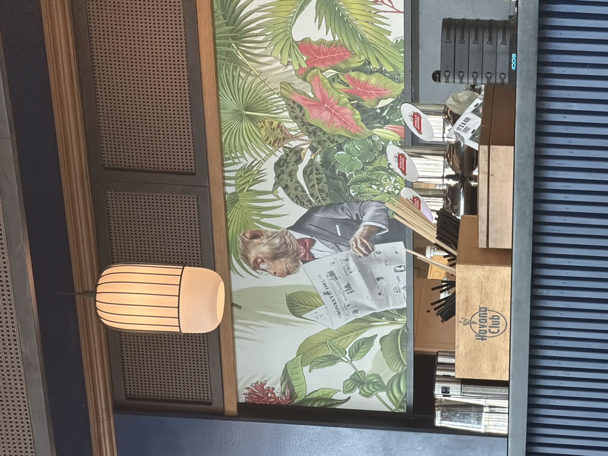 The image displays an interior view of what appears to be a sophisticated bar, restaurant, or lounge in Varna, Bulgaria. A prominent feature is a large, vibrant wall mural depicting a whimsical monkey in a suit, red bow tie, and eyeglasses, attentively reading a newspaper. The newspaper's title, "MONKEY DRUM DISTILLATION," is clearly visible. The monkey is surrounded by lush tropical foliage, including broad palm leaves, large red and green leaves (reminiscent of caladiums), and small red flowers at the bottom.
To the left of the mural, the wall is adorned with decorative panels framed in wood, featuring a woven cane pattern, alternating with sections of a dark blue-grey wall. An elongated, oval-shaped light fixture with horizontal lines hangs in the foreground, emitting a warm, inviting glow.
The right side of the image reveals elements of a bar or counter area. A light-colored wooden box prominently displays the "Havana Club" logo. Above it, stacks of white coasters feature the "Stella Artois" logo. Further to the right, a sleek display unit for "IQOS" heated tobacco devices is visible, with the brand name illuminated in blue. A small white sign, "IT'S A GIN THING," is also present. The background in this section includes a dark blue-grey surface with horizontal slats or ridges. The overall scene suggests a contemporary and stylish establishment designed for relaxation and socializing.
