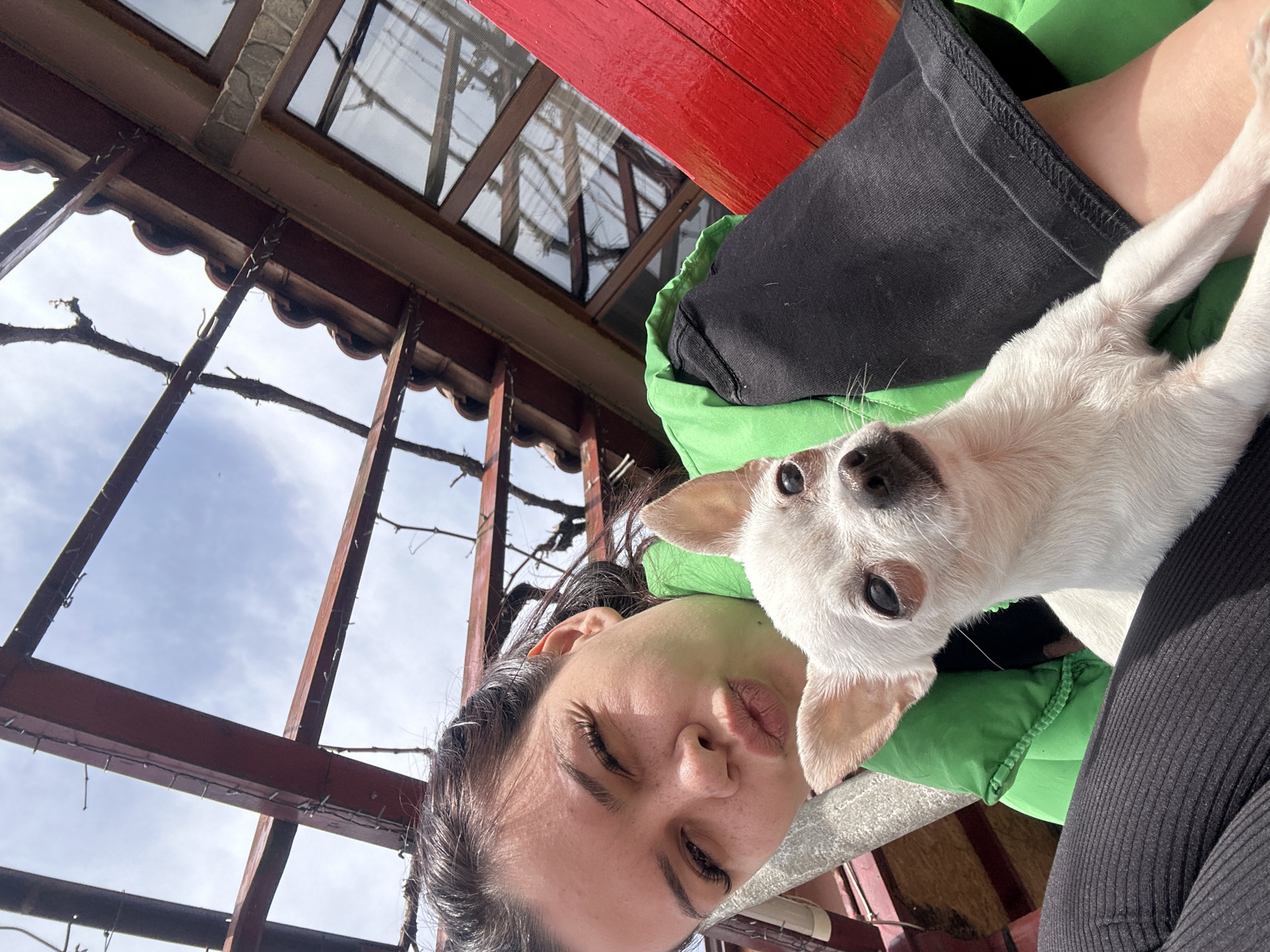 A woman poses for a selfie while holding a small, white dog in her lap. The woman has dark hair and is wearing a green jacket. The dog is looking directly at the camera with a curious expression. In the background, there is a metal structure with what appears to be a partial view of the sky. A red wooden beam is also visible in the background. It is highly unlikely to be the city of Chubra, Bulgaria, as that city has no such distinctive architecture.