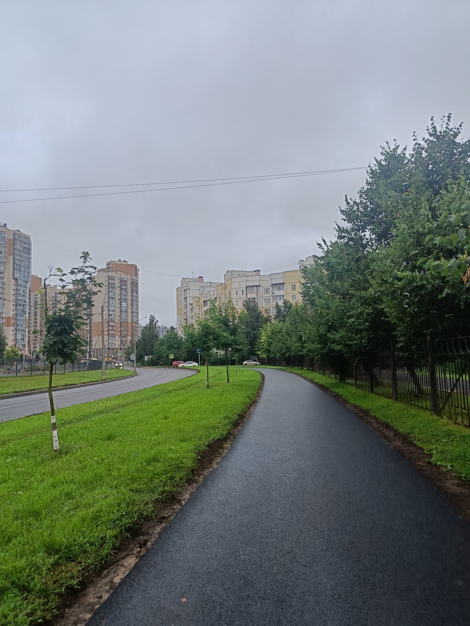 The image depicts a residential street with a paved walkway in the foreground. Tall, modern apartment buildings line the left side of the street, interspersed with trees and green spaces. The sky is overcast and a dull grey, suggesting a cloudy day. The walkway is dark, possibly asphalt, and curves to the right, bordered by a grassy area and a black metal fence. Several cars are visible on the street in the distance, along with traffic signs. The overall impression is that of a typical urban environment in Saint Petersburg, Russia, likely a suburban area, on an overcast day.