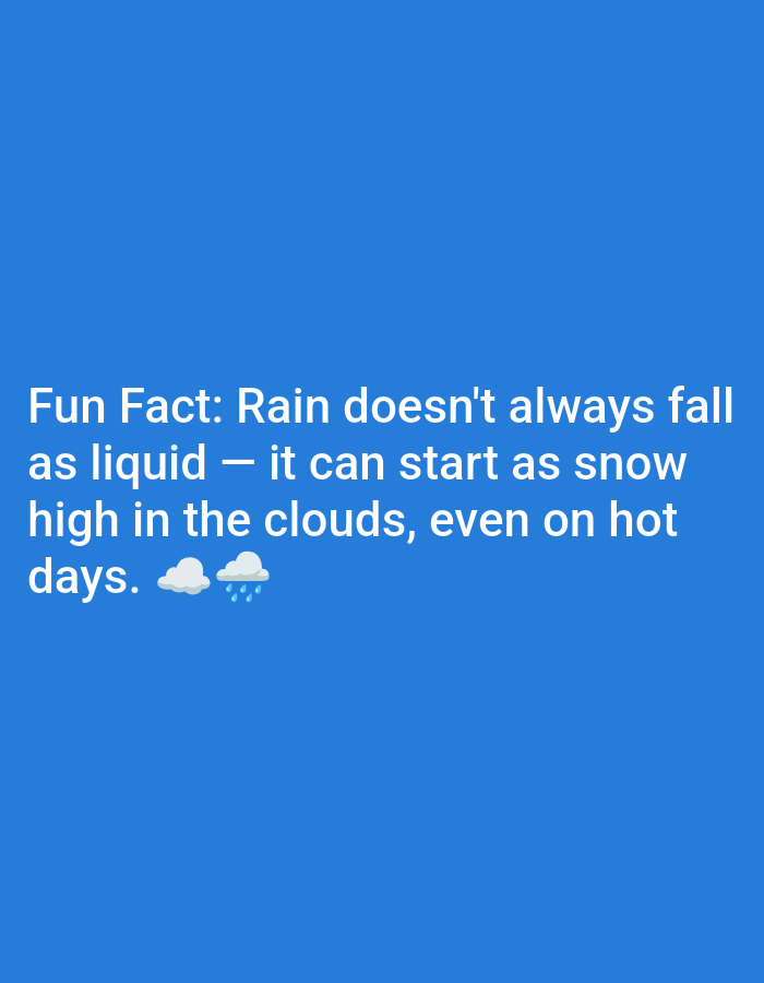 The image is a social media post with white text on a blue background. The text reads: "Fun Fact: Rain doesn't always fall as liquid — it can start as snow high in the clouds, even on hot days." Below the text, there are two cloud emojis, one with raindrops and one blank. The image does not contain any recognizable elements related to the city of Lagos, Nigeria.