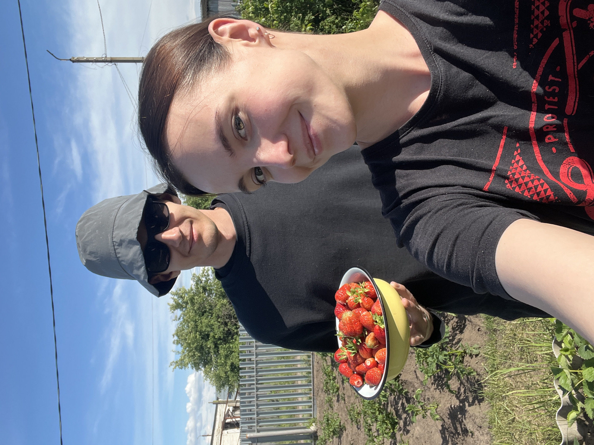 The image is a bright, outdoor selfie taken in what appears to be a garden or field in Novocheremshansk, Russia. In the foreground, a young woman with dark hair pulled back smiles directly at the camera. She is wearing a black t-shirt with red text that clearly shows the word "PROTEST" and some abstract patterns. Behind her, partially obscured, is a man wearing a grey bucket hat and sunglasses, also looking towards the camera with a slight smile. He is holding a light yellow bowl brimming with freshly picked, ripe red strawberries.
The setting is an open area under a clear blue sky with minimal scattered clouds, indicating bright, sunny weather, likely during the daytime. The ground around the individuals is dark soil with green plants, consistent with a strawberry patch. A metal fence is visible in the mid-ground, and behind it, green trees and a distant building can be seen. A utility pole with wires runs vertically on the left side of the frame. The overall impression is one of enjoying the outdoors and the harvest of fresh produce.