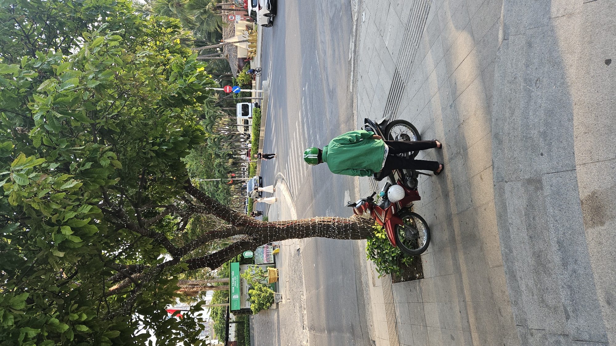 The image shows a street scene in Nha Trang, Vietnam. A man in a green shirt and helmet sits on a red Yamaha motorcycle parked on the sidewalk next to a tree. The tree has decorative lights wrapped around its trunk. The street in front of the sidewalk shows vehicle traffic, including cars and motorbikes. A pedestrian is visible crossing the street in the background. The sidewalk is made of gray paving stones. A green sign with Vietnamese writing is also visible near the tree.