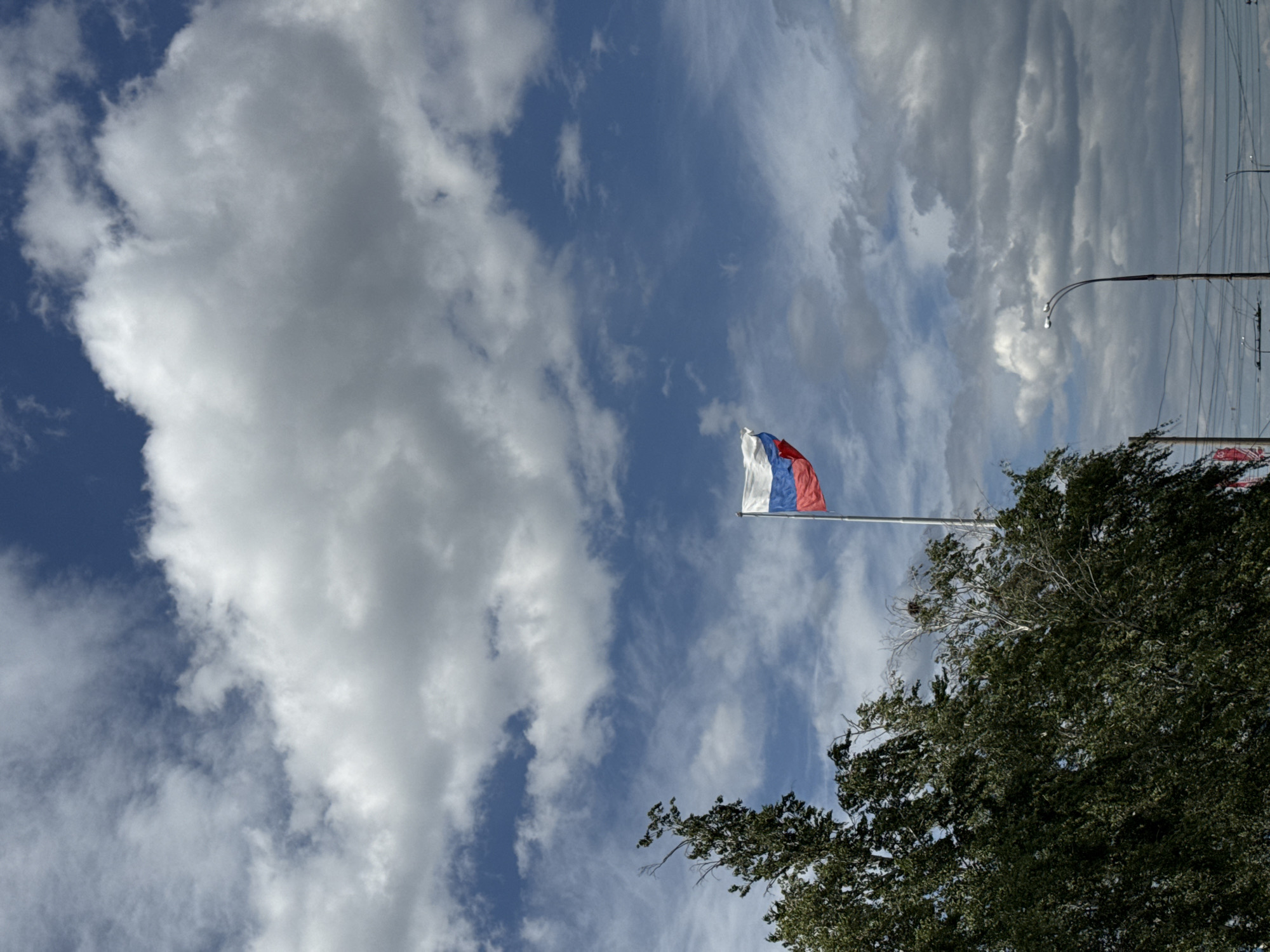 The image displays an outdoor scene in an unknown city under a partly cloudy sky. The upper portion of the frame is dominated by a blue sky interspersed with white and grey clouds of varying densities. A Russian flag, characterized by horizontal white, blue, and red stripes from top to bottom, is visible on a tall pole in the mid-right, unfurling against the sky. The lower left quadrant features a dense canopy of dark green leaves from a large tree. In the lower right, a dark street light pole with a curved arm holding two light fixtures is present, with multiple utility wires extending horizontally beneath it. No individuals are visible.