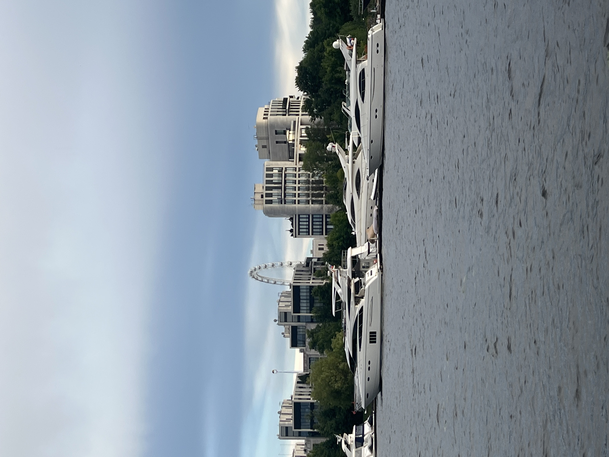 The image depicts a serene scene of luxury yachts docked along a waterfront, with modern buildings and lush greenery forming the backdrop. The yachts are predominantly white, sleek, and appear to be of substantial size, suggesting a high-end marina or a prestigious event. They are lined up neatly, with their reflections subtly visible on the calm water.
The setting is urban, characterized by contemporary architecture with clean lines and large windows. The buildings are multi-story, giving the impression of a developed waterfront district. Trees and foliage intersperse the buildings, adding a natural element to the urban landscape. In the distance, a large Ferris wheel is visible, a potential landmark that helps orient the location.
The sky is overcast with soft, diffused light, indicating either early morning or late afternoon, or a generally cloudy day. The water is a muted gray, reflecting the sky and adding to the tranquil atmosphere. There are no people prominently visible on the yachts or in the immediate vicinity, contributing to the peaceful and uncluttered feel of the image.
The overall mood is one of calm, sophistication, and perhaps a touch of opulence, given the presence of the luxury yachts. The composition, with the yachts leading the eye towards the cityscape, creates a sense of depth and perspective. The image captures a moment of stillness in a bustling urban environment.