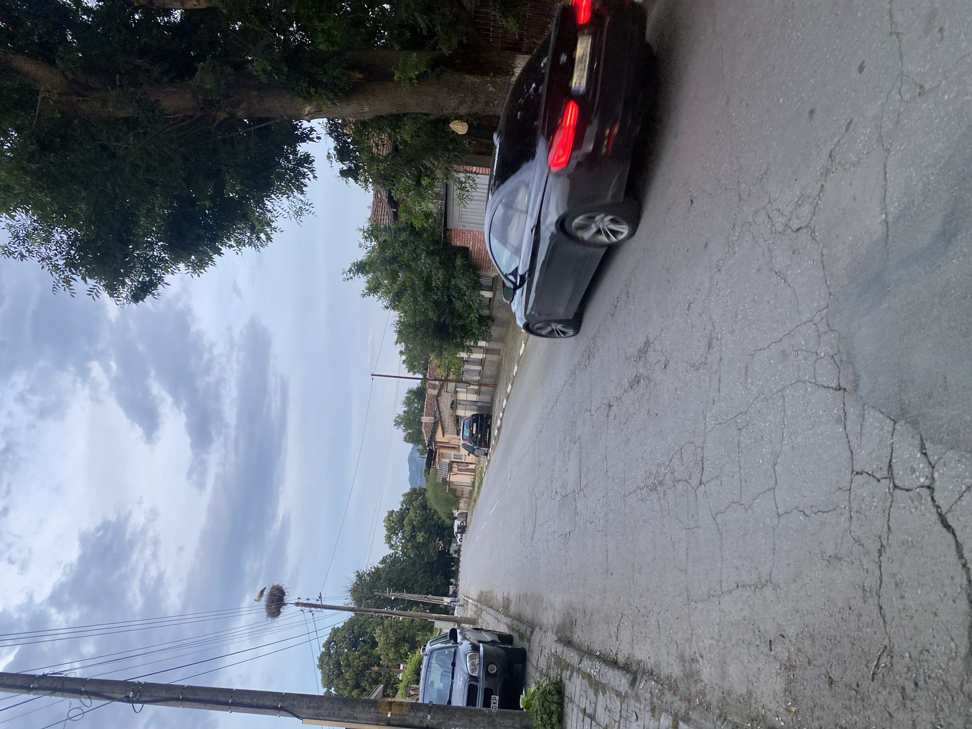 The image depicts a street scene in Miriantsi, Bulgaria. A dark-colored car is driving down the street, with a stork perched in a nest on a utility pole to the left. The street is paved with cracked asphalt and lined with houses and trees. The sky is cloudy.