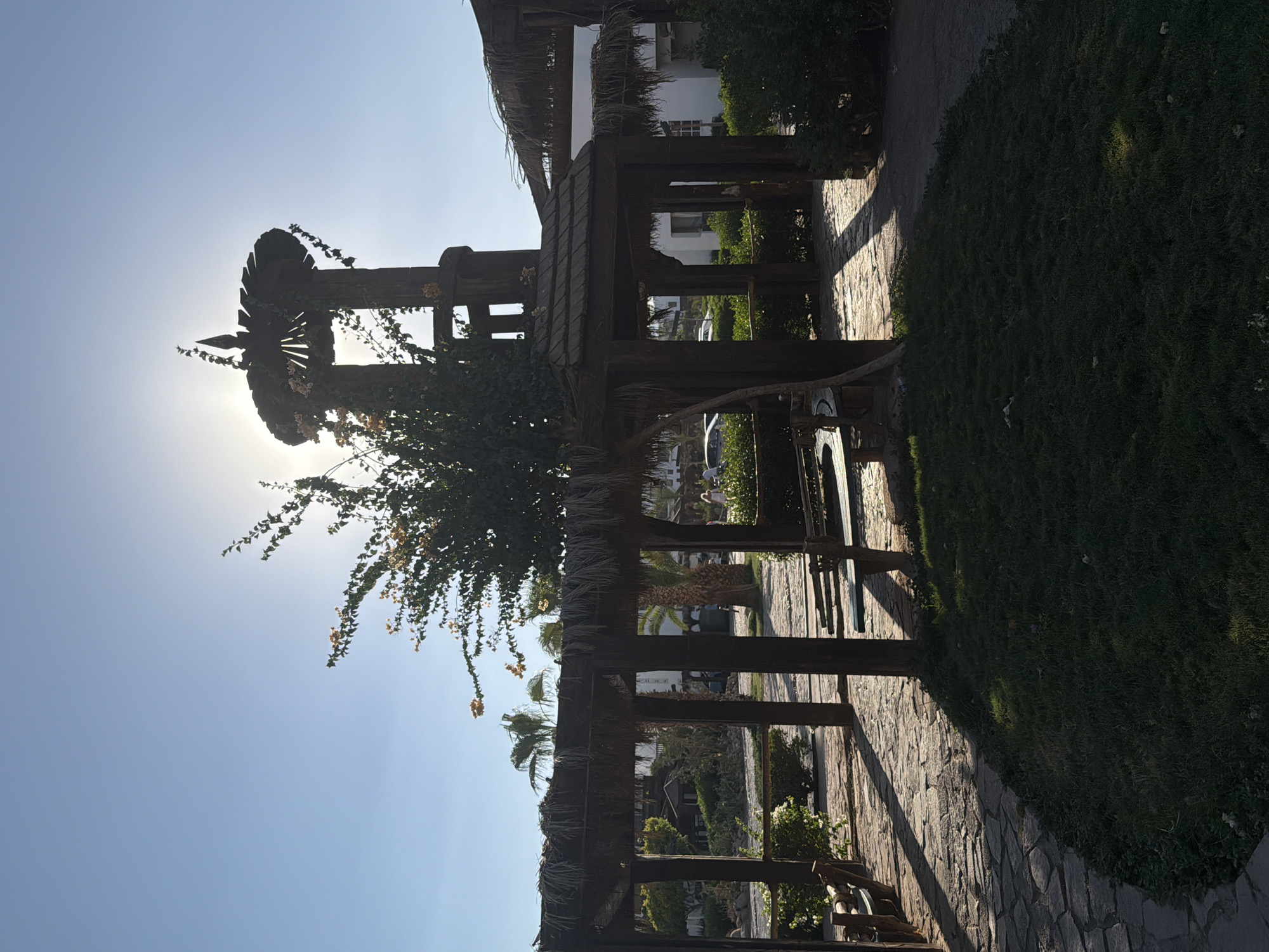 The image depicts an outdoor scene in Sharm El Sheikh, Egypt, featuring a weathered wooden pergola with a thatched roof, set against a bright, clear blue sky. The sun is prominently positioned behind a tall, decorative wooden structure, creating a silhouetted effect and casting long shadows across a flagstone pathway and a patch of green grass.
The pergola has several sturdy wooden posts supporting a thatched roof, with a central, taller wooden element topped with a decorative spire. Green vines with small yellow flowers are intertwined with the wooden structures, particularly around the taller central element. Benches made of wood are visible under the pergola, some with green seats.
In the background, beyond the pergola, are glimpses of buildings, some with white facades. Palm trees and other greenery are scattered throughout the scene, contributing to a resort-like atmosphere. A car is parked in the distance, and a few people are faintly visible walking on a path. The overall impression is one of a sunny, possibly tropical, outdoor recreational area.