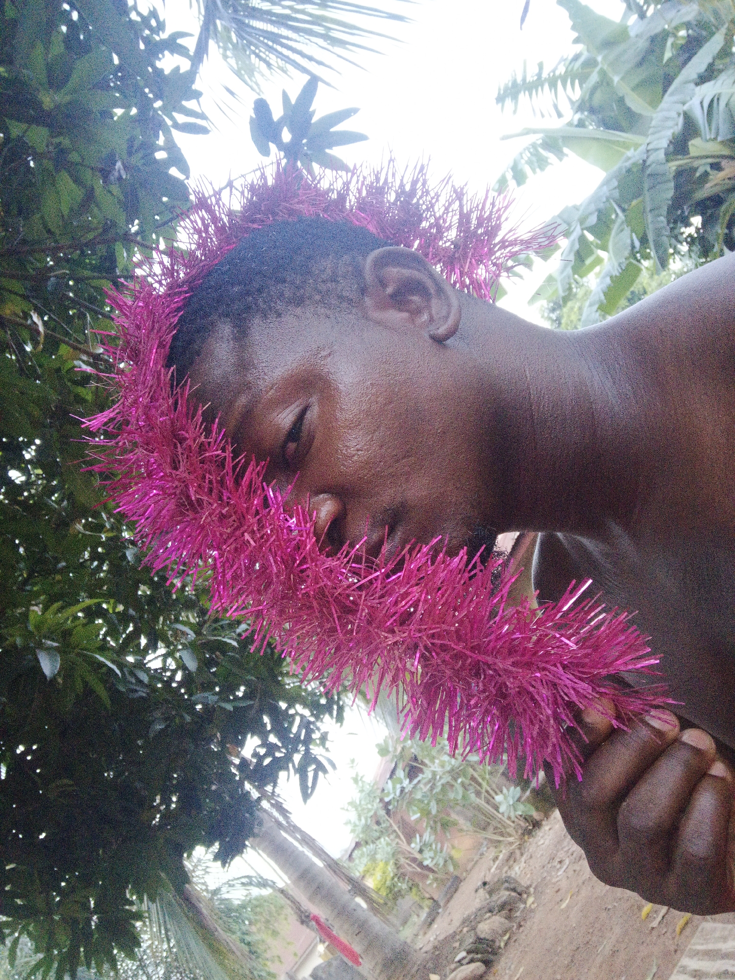 The image presents an angled, close-up portrait of a dark-skinned individual, likely male, outdoors in Akwanga, Nigeria. The main subject is adorned with a vibrant, metallic pink garland or tinsel, which dramatically frames and partially covers their face, particularly from the forehead down to the neck. The garland has a spiky, fringed texture and is a dominant visual element, creating a striking contrast with the person's skin tone. The individual's visible eye is directed towards the camera, conveying a focused or neutral expression. Their right hand is visible in the lower right corner, holding a section of the pink garland. The person appears to be shirtless.
The background is filled with lush tropical foliage, indicative of a warm climate. Various green leaves, including what appear to be palm fronds and broader banana-like leaves, create a dense, natural setting. Bright sunlight filters through the trees and illuminates the scene, suggesting it is daytime with sunny weather. The ground visible towards the bottom right consists of reddish-brown dirt with scattered small rocks and sparse vegetation, pointing to an outdoor, possibly natural or rural environment. There is no visible text in the image. The overall impression is one of a stylized or playful portrait set within a natural, sunlit landscape.