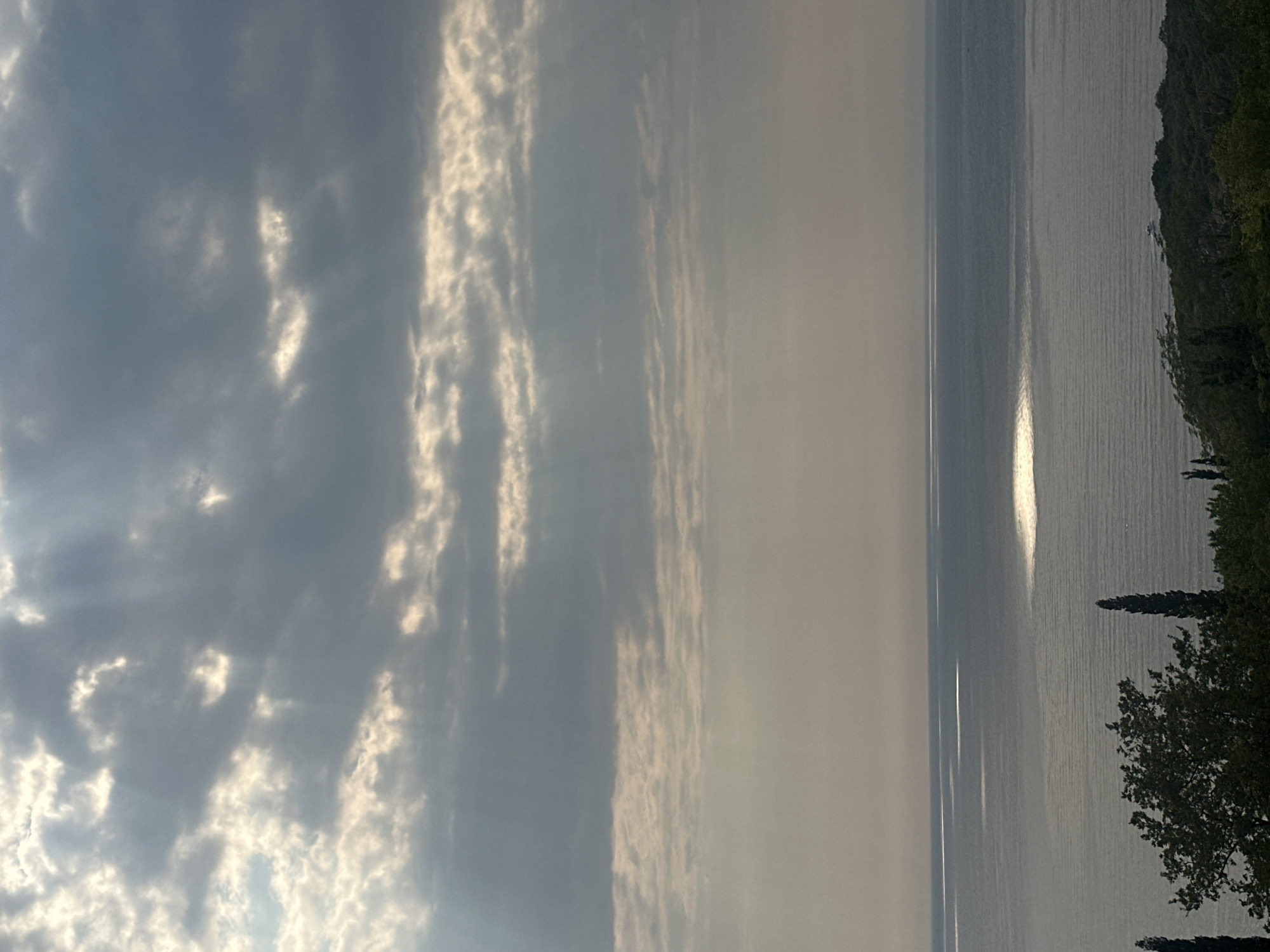 The image shows a panoramic view of the Adriatic Sea from a high vantage point in Drobnići, Montenegro, likely during the late afternoon or early evening. The sky is filled with dramatic, grey clouds, through which shafts of sunlight break, illuminating patches of the sea with shimmering reflections. The sea itself is calm, with a distinct line where it meets the horizon. In the foreground, lush green trees and tall, dark cypress trees are visible, creating a silhouetted border against the water and sky. The overall mood is serene and natural. There are no people or identifiable objects in the scene other than natural elements and the sea.
