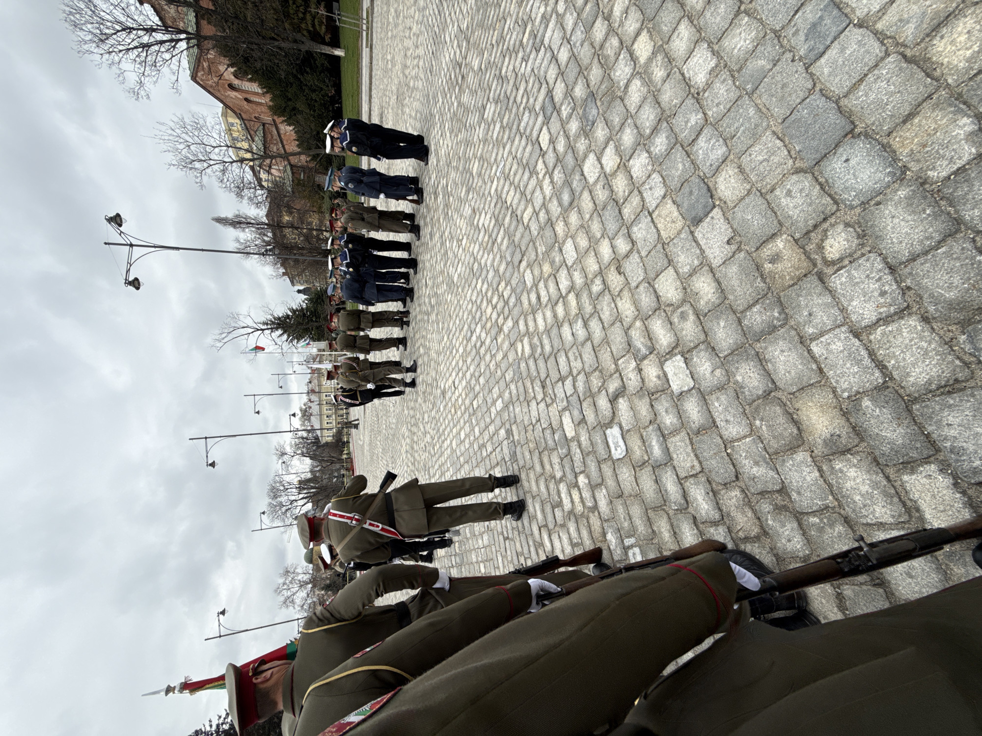 A ground-level, medium-angle shot depicts a military formation standing at attention on a cobblestone surface in what appears to be a public square. The foreground is dominated by soldiers in dark green uniforms with red and white accents on the collars and shoulders. They wear white gloves and hold rifles. The ranks extend into the midground, where additional soldiers, also in uniform, stand in formation. Beyond the soldiers in green are ranks of personnel in darker navy-blue uniforms, and farther away are personnel in black uniforms with white hats. The formation faces towards the upper-left of the frame.
The background includes bare trees and buildings, indicating it is likely an urban setting. The sky is overcast and grey. Street lamps are placed at regular intervals near the formation. The scene is likely in Sofia, Bulgaria due to the appearance of the soldiers' uniforms as well as the urban architecture.