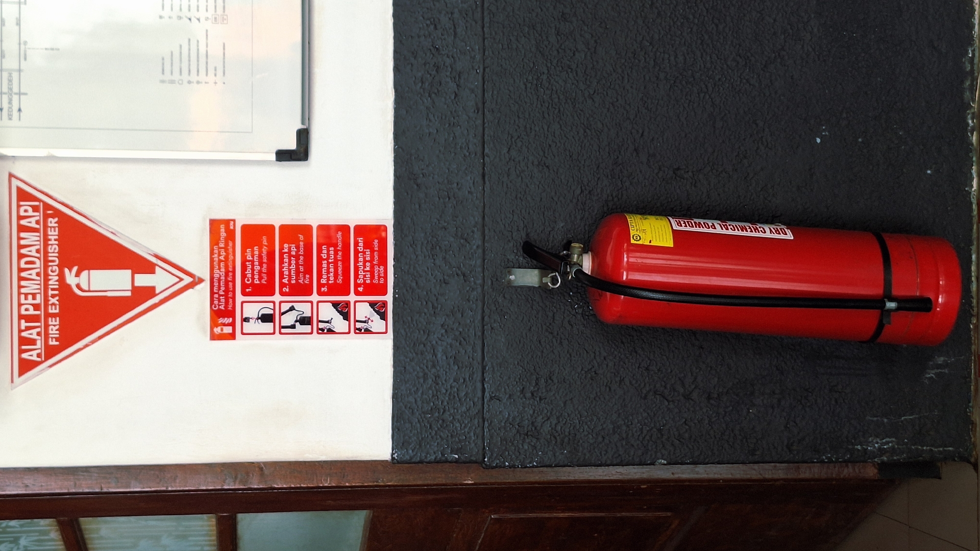 The image depicts a fire safety setup on a two-toned wall, likely indoors. On the left, a white wall displays a red triangular sign labeled "ALAT PEMADAM API FIRE EXTINGUISHER," indicating a fire extinguisher location. Beside it, a set of instructions (in Indonesian and English) outlines the steps for using a fire extinguisher. The instructions include pulling the safety pin, aiming at the base of the fire, squeezing the handle, and sweeping from side to side.
To the right, a black textured wall holds a red "DRY CHEMICAL POWDER" fire extinguisher. The extinguisher is secured to the wall with black straps. The lower part of the frame shows a dark brown wooden structure, possibly a counter or a wall panel. The text 'KEDUNG GEDER' indicates the location in the city of Karawang, Indonesia.