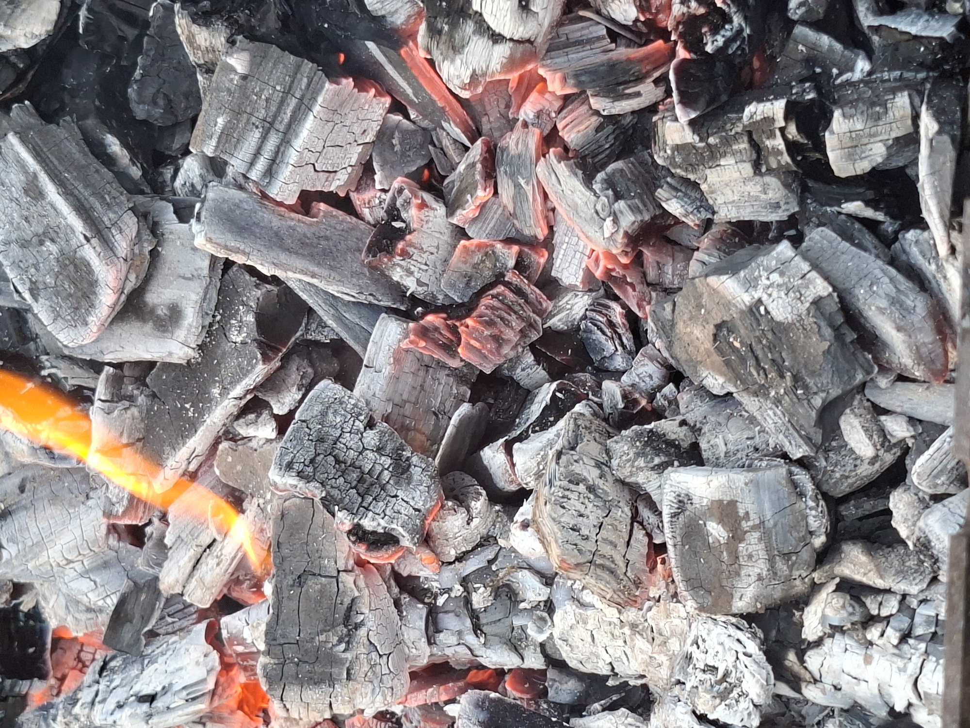 The image depicts a close-up view of burning charcoal. The scene is filled with various pieces of charcoal, some glowing with red-hot embers, indicating that a fire is actively burning. Orange flames are also visible, adding to the dynamic nature of the scene. The charcoal pieces are varied in size and shape, with many showing the cracked and textured surface typical of burnt wood. The overall impression is one of intense heat and the process of combustion.
The subjects are solely the charcoal and the fire itself. There are no people, animals, or other objects visible. The scene is static in terms of its subjects but dynamic due to the active flames and glowing coals. The setting appears to be outdoors, likely a barbecue grill or fire pit, given the nature of the material. There are no discernible time of day or weather cues. The location context of Votkinsk, Russia, is not visually evident from the image itself; it is provided as external information. There is no visible text within the image.