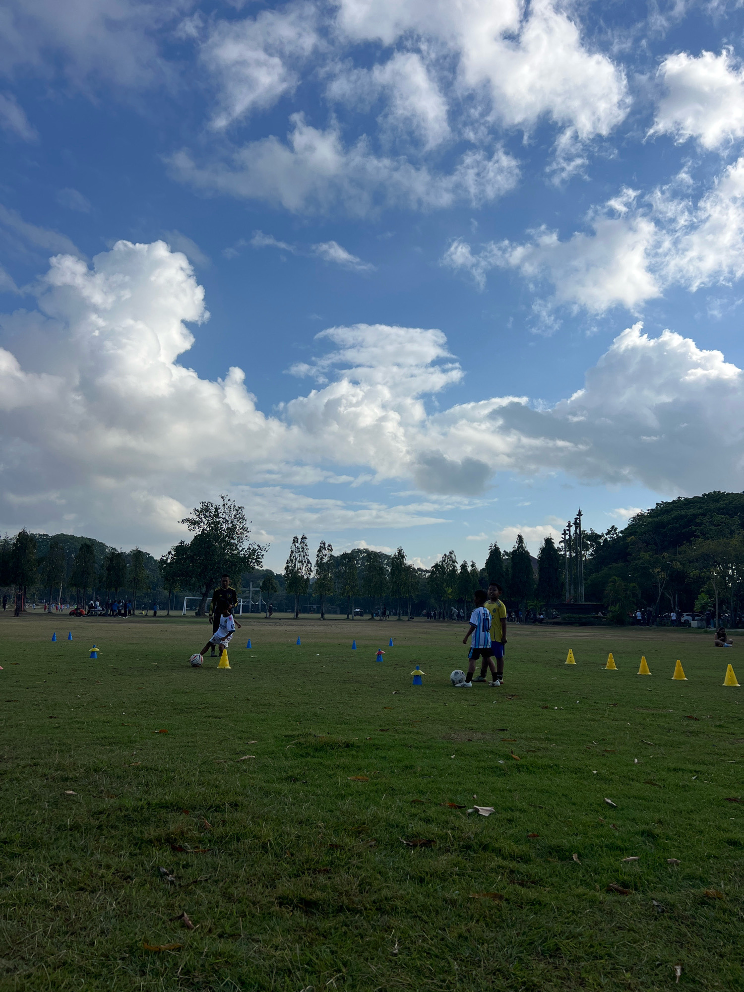 The image captures a wide shot of a grassy field, likely a park or sports complex, under a bright blue sky dotted with fluffy white clouds. In the foreground, the green grass is lush and slightly uneven. Scattered across the field are numerous brightly colored cones, predominantly yellow and blue, suggesting a training or practice session.
In the mid-ground, a group of young people are engaged in what appears to be a soccer (football) practice. A few children, dressed in soccer uniforms, are interacting with a soccer ball. One boy in a white and blue striped jersey is positioned near a yellow cone, seemingly dribbling or about to kick the ball. Another boy in a yellow jersey stands nearby. An adult, possibly a coach, is visible in the background, observing the activity.
The background reveals a line of trees, some tall and slender, others with fuller canopies, creating a natural border to the field. Beyond the trees, hints of buildings and possibly a fountain or monument can be discerned, set against a backdrop of a larger, densely forested hill. The overall atmosphere is one of outdoor recreation and activity.
Based on the vegetation, climate, and architectural style suggested by the hints of structures, the scene is consistent with outdoor spaces found in Denpasar, Indonesia, a city known for its green landscapes and tropical climate. The presence of a soccer field and the casual attire of the participants further support this location.