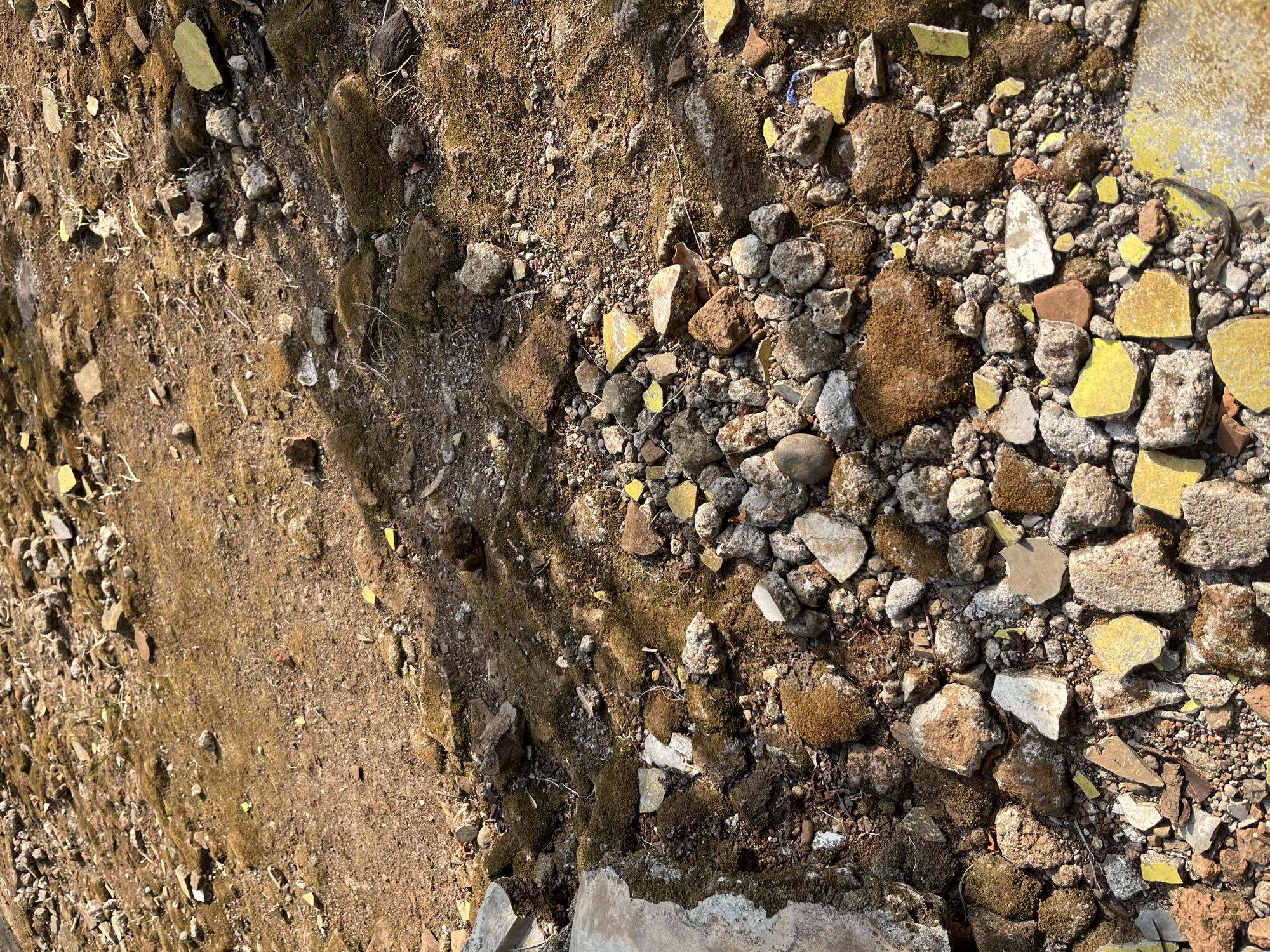 The image shows a close-up, overhead view of a debris-strewn, outdoor environment. The ground is uneven, covered with a mixture of soil, rocks, and broken fragments of what appear to be ceramic tiles, many of which are yellow. There is also moss and sparse dry grass growing in patches. The lighting suggests it is daytime, with shadows cast across the scene, indicating sunlight. The overall impression is one of disrepair and neglect, with no people or discernible structures visible. This scene is located in Glagah Kulon, Indonesia.