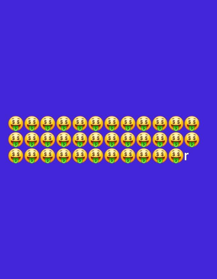 The image is a digital graphic on a solid purple background. The graphic consists of two rows of identical emojis, each depicting a smiling face with dollar signs for eyes and a green tongue sticking out. There are 17 emojis in the top row and 17 emojis in the bottom row. To the right of the bottom row of emojis, there is a single lowercase letter "r". There is no discernible connection to the city of Homyel, Belarus.