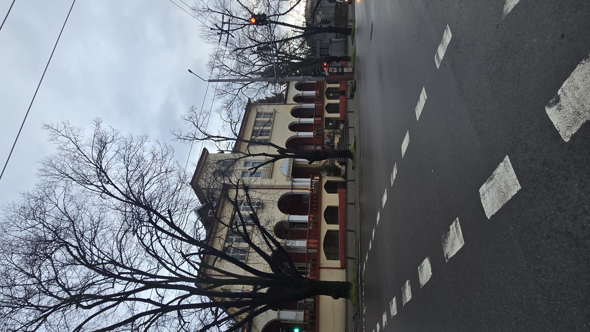 The image depicts a street scene in Stara Zagora, Bulgaria. A two-story building with arches and red accents stands alongside the road. Bare trees are prominent in the foreground and around the building. A street light is visible, and traffic lights are showing green and red. The street is wet and marked with white dashed lines. The sky is overcast.