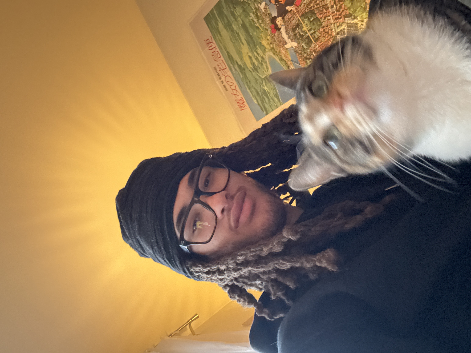 A close-up, slightly angled selfie shows a person with dark skin, wearing a black head covering and glasses, with brown dreadlocks framing their face. The person is looking at the camera. A calico cat is partially visible in the upper right corner, its face close to the camera. Behind the person and cat is a wall. A poster depicting Paris, France hangs on the wall, likely indicating the city. The wall is painted yellow, and a curtain rod is visible at the bottom of the frame.