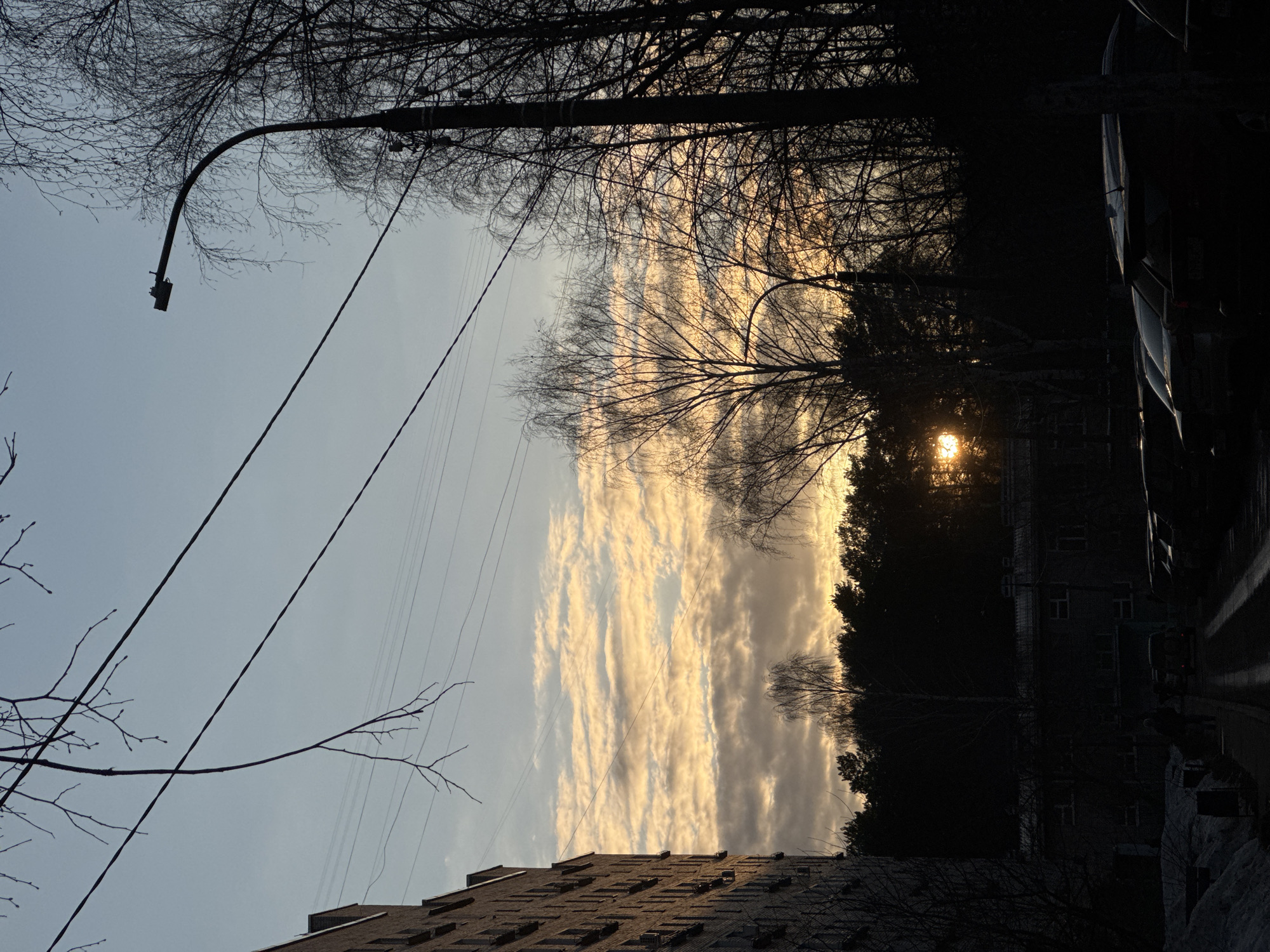 The image depicts a cityscape in Chaikovsky, Russia, during what appears to be a sunset or sunrise. In the foreground, a brick building partially obscures the view. Above, the sky is filled with layered clouds, colored with hues of orange and grey. Silhouette trees frame the top portion of the image, with a street lamp visible on the left. Power lines crisscross the sky. On the right, a dark building and a parked vehicle are partially visible. The sun is partially obscured by trees, creating a bright point of light. The image is taken from a low angle, looking upwards.
