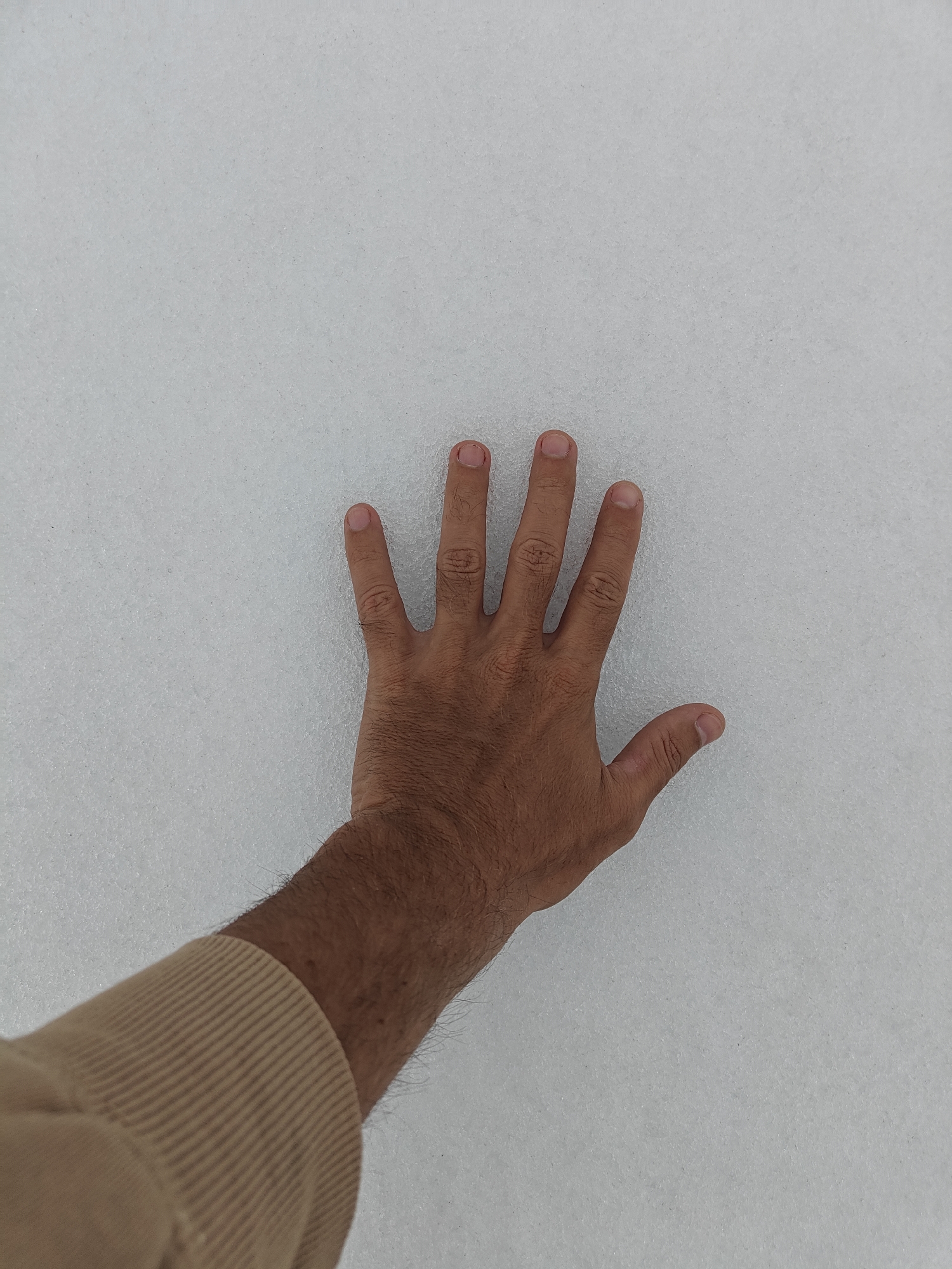 A medium-shot, high-angle photograph captures a person's hand placed flat against a uniformly textured, light off-white surface, consistent with snow or fine-grained ice. The hand, which appears to be male due to the visible hair on the back and forearm, has a medium brown skin tone. The fingers are slightly splayed, and the palm is pressed into the granular surface. The fingernails are short and neatly trimmed. A beige or light brown ribbed sleeve cuff is visible on the lower left, extending from the wrist, suggesting cold weather attire. The textured surface dominates the frame, exhibiting a consistent, granular pattern across its expanse. The activity depicted is simply the act of the hand resting on or pressing into this surface, implying an interaction with a cold environment. There are no other discernible objects, individuals, or background elements, and no text is visible.