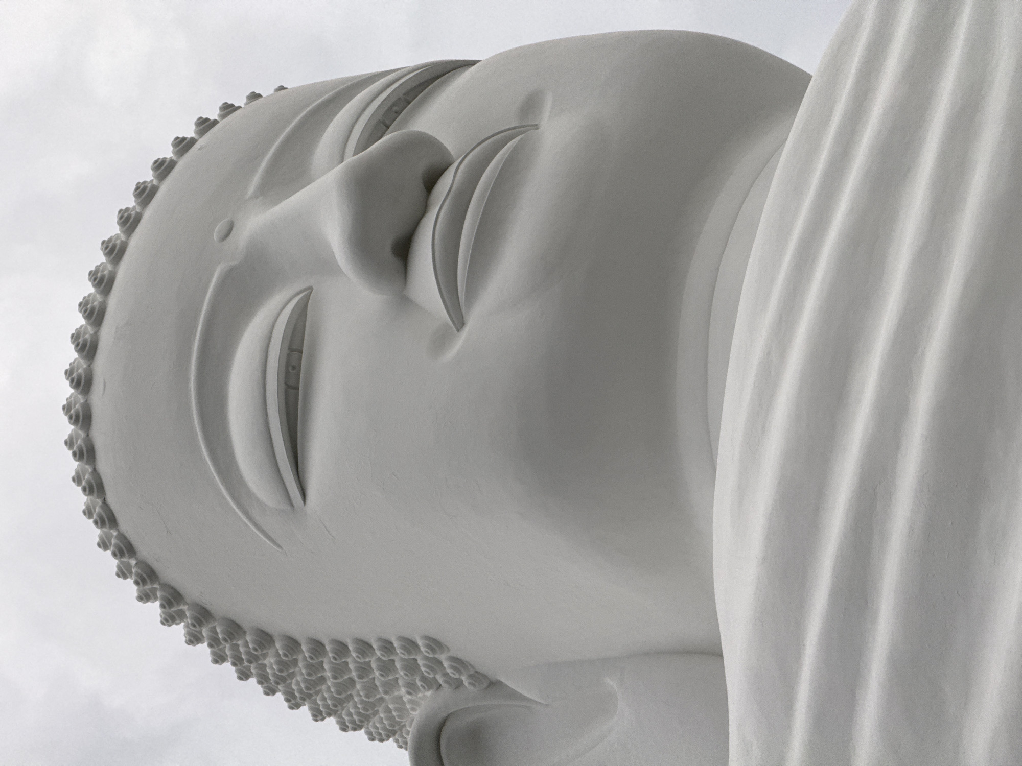 A close-up, low-angle shot captures the serene face and upper body of a massive white reclining Buddha statue against an overcast, light gray sky. The statue, likely located in Đà Nẵng, Vietnam, depicts the Buddha with eyes gently closed, conveying a profound sense of peace and tranquility. A subtle, soft smile graces his lips, while his hair is rendered in the characteristic style of numerous small, tightly curled knobs that outline his head. The statue's smooth surface and the flowing drapes of the Buddha's robes, visible on the right side with vertical folds, add texture and detail to the monochromatic scene. The diffused lighting, typical of an overcast day, casts soft shadows, enhancing the statue's contours and emphasizing its grandeur. No text is visible in the image.