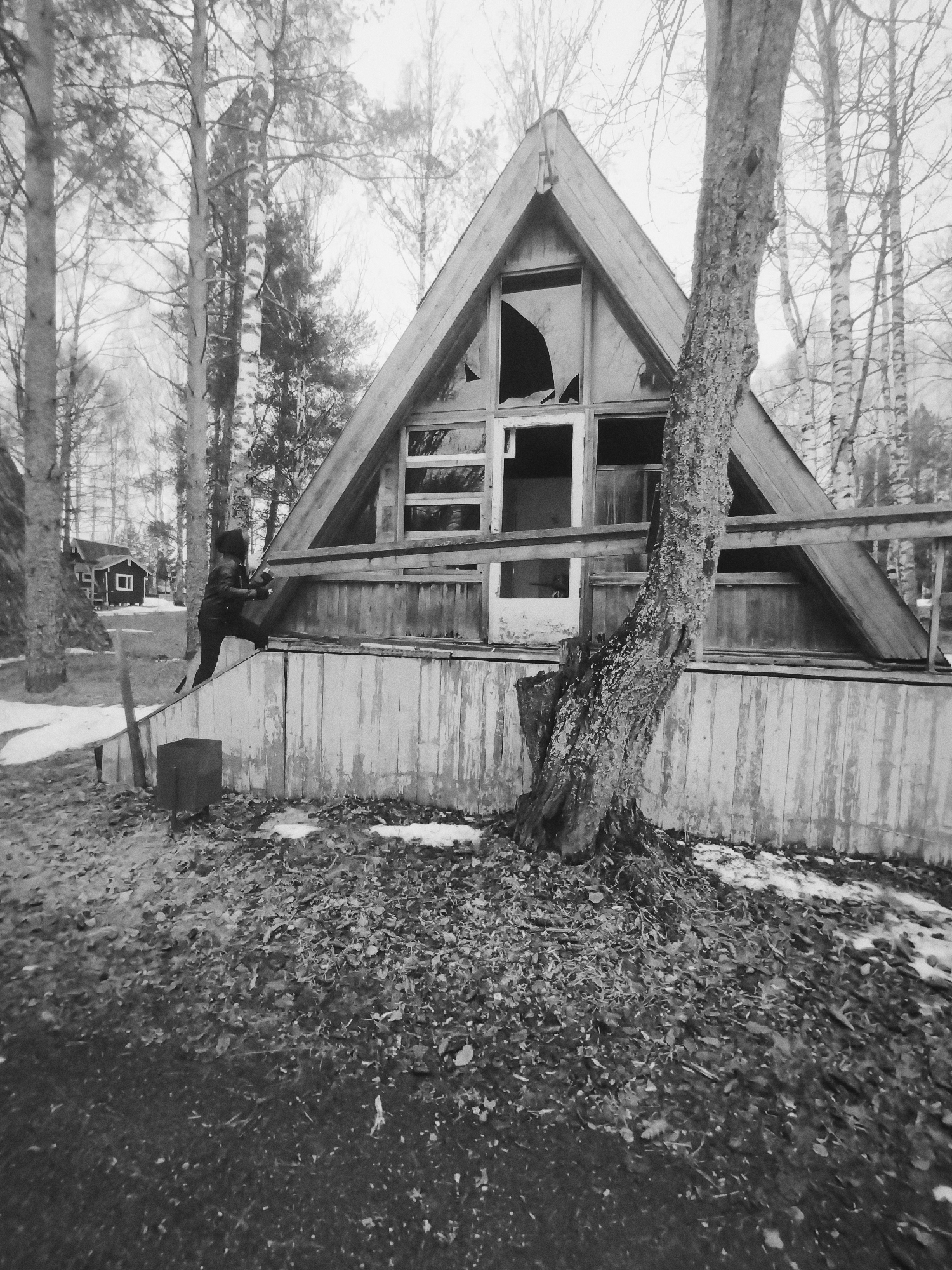 The image, in black and white, shows an A-frame building with broken windows. A person is climbing over a fence in front of the building. A tree grows close to the building's facade. Leaves cover the ground, with patches of snow visible. The background includes other buildings and trees without leaves. The location is possibly Galevo, Russia.
