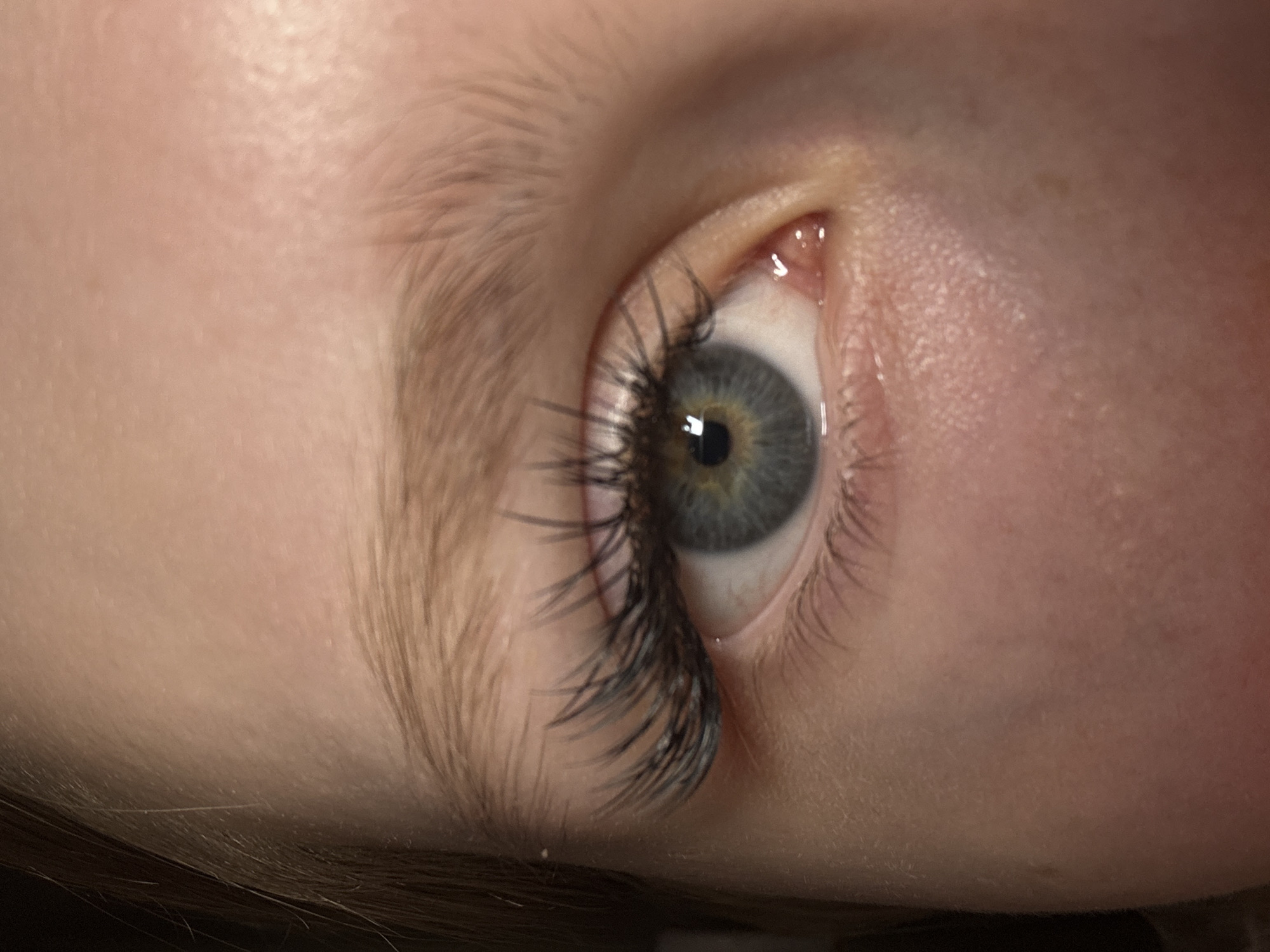A close-up of a person's eye, facing upwards. The eye has gray or blue iris with dark eyelashes. The skin is light-colored and textured. Some eyebrow hairs are visible above the eye. The image is tightly cropped around the eye and surrounding skin. There is no information on location in Chaikovsky, Russia.