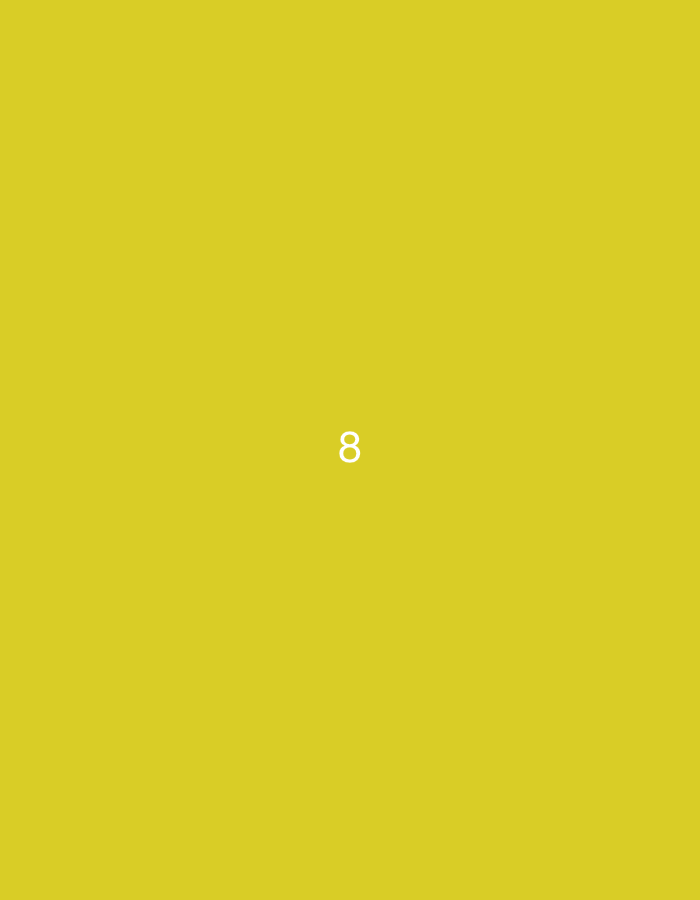 The image displays a minimalist composition with a solid, uniform yellow background. Centered prominently in the frame is a large, white numeral "8". There are no other subjects, objects, people, or discernible activities present. The background is completely devoid of environmental or location cues, presenting a clean, abstract aesthetic. The time of day, weather, and emotional context are not applicable to this image. The only visible text is the numeral "8". The additional cropped images illustrate the "8" positioned in different corners (bottom right, bottom left, top right, top left) against the same yellow backdrop, but in the primary image, it resides in the center.