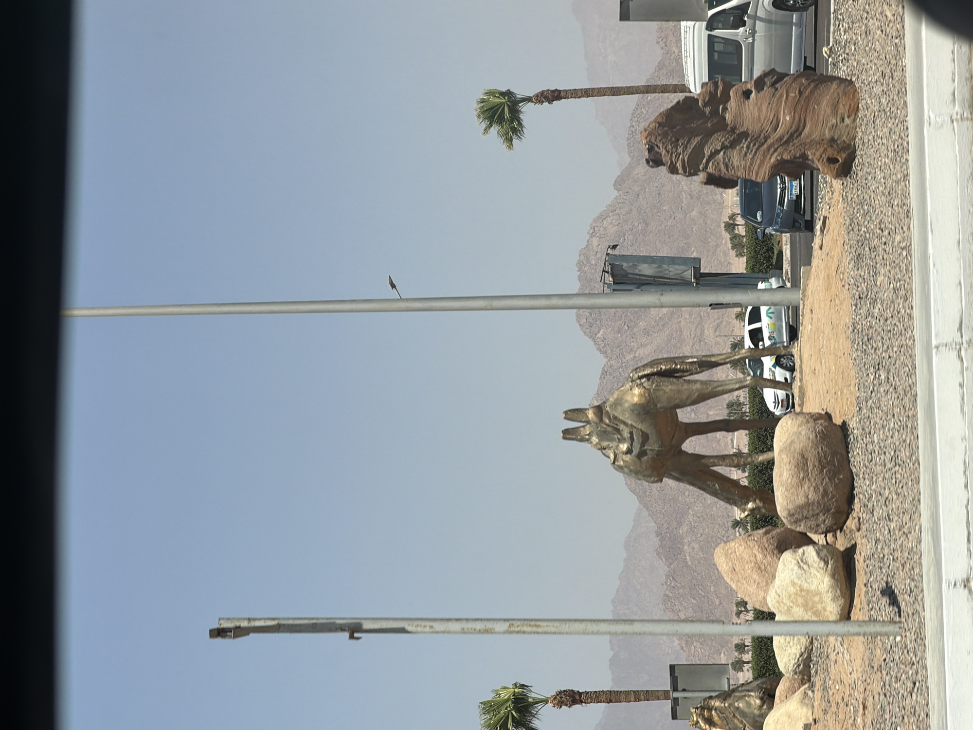 This image depicts a scene in Sharm El Sheikh, Egypt, characterized by a desert landscape and a clear, bright sky. The foreground features a gravelly area with large, natural rocks and a striking metal sculpture of a giraffe. To the left, a tall, slender metal pole with a light fixture stands prominently. In the background, a cluster of palm trees adds a touch of greenery, contrasting with the arid, mountainous terrain. Several vehicles, including cars and a van, are visible on a paved road in the middle ground, indicating an urban or semi-urban setting. The overall atmosphere is one of a dry, sunny day in a location that combines natural beauty with man-made structures and art.