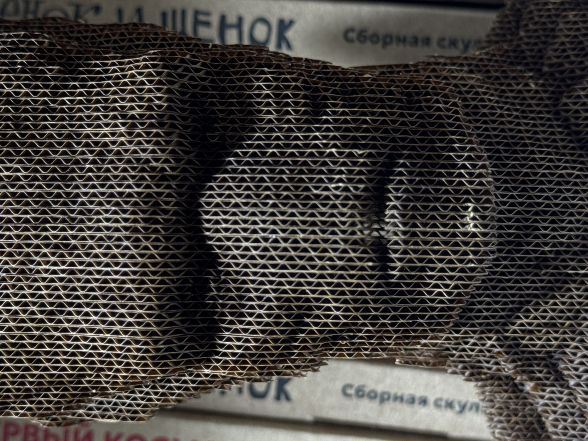 The image is a close-up, eye-level shot of a human head and neck sculpture made entirely of corrugated cardboard. The sculpture is textured, with the wavy inner layer of the cardboard clearly visible, forming a grid-like pattern across the entire surface. The lighting casts deep shadows, particularly across the face, obscuring some of the details of the facial features, but a mouth-like slit is visible. The sculpture is positioned in front of a background that appears to be more cardboard boxes with some Cyrillic text printed on them. The text on the background is partially visible and includes phrases such as "Сборная..." which translates to "Assembly...". The overall impression is one of artistic creation using recycled materials. The location is not discernible from the image itself.