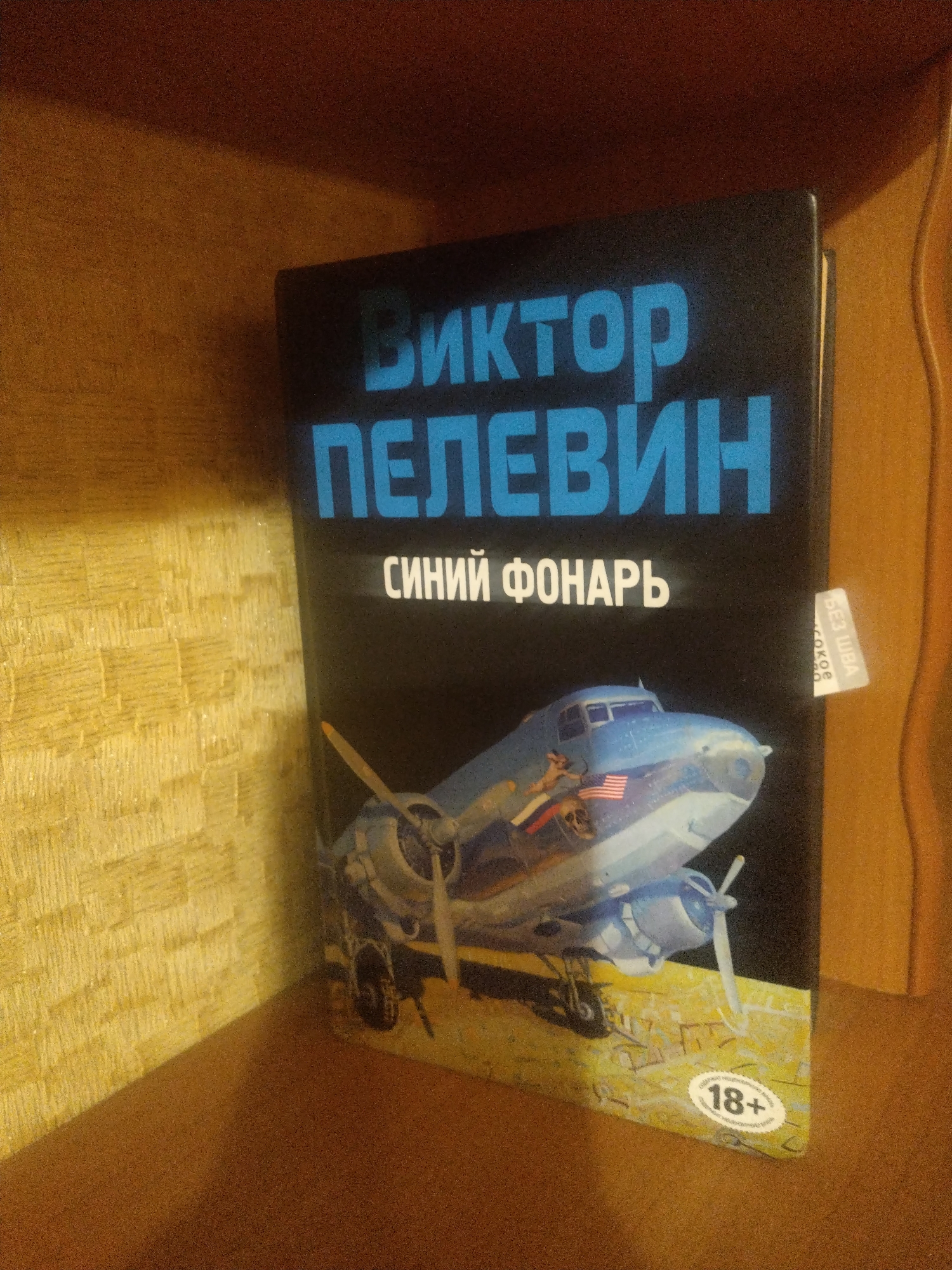 A book titled "СИНИЙ ФОНАРЬ" by ВИКТОР ПЕЛЕВИН is standing upright on a shelf. The cover features a blue airplane with an American flag and a figure on the wing. A sticker with "18+" is visible on the bottom right of the book. The shelf appears to be made of wood, with a textured yellow wall to the left and a plain brown surface below. The scene is lit by an overhead light source casting shadows. There are no people or animals present. There is no information to indicate the location is in Lipetsk, Russia.