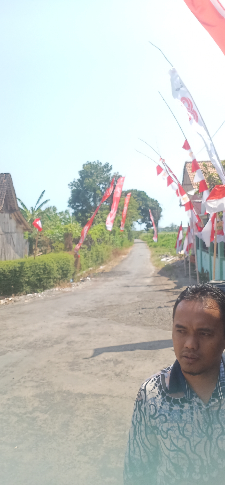 In the city of Tamansari, Indonesia, under a clear sky, a man with dark hair and brown eyes stands to the right of the frame. He wears a collared shirt with a patterned design in shades of blue, white, and black. The man is looking to his left. A paved road stretches into the distance, flanked by lush green foliage and trees. Indonesian flags, predominantly red and white, are strung along the road, adorning buildings and poles. To the left of the road, a modest wooden house with a dark roof is visible. The overall scene captures a festive or celebratory atmosphere, indicated by the abundant display of national flags.