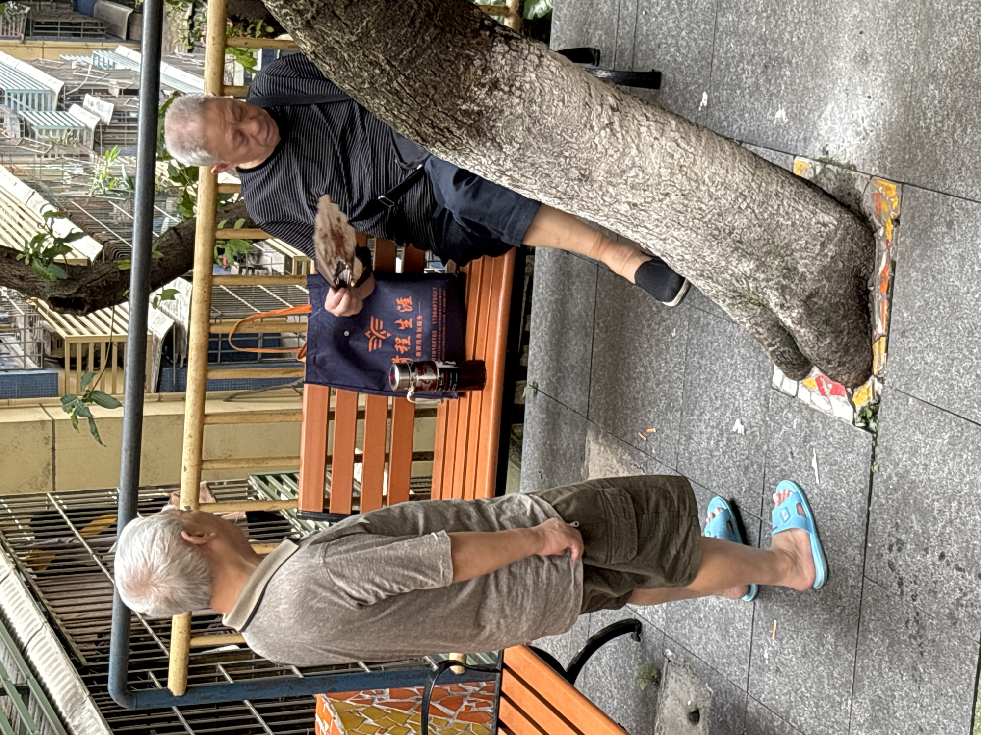 In the Yuzhong District of China, two elderly Asian men are present. One man, standing on the left, wears a grey short-sleeved polo shirt and khaki cargo shorts, with blue flip-flops. The other man, seated on an orange bench to the right, wears a black and grey striped long-sleeved shirt, dark trousers, and black slip-on shoes. He is holding a fan in his right hand and appears to be looking down at it. A navy blue tote bag with orange text and a metallic thermos are on the bench beside him. They are positioned in an outdoor area with a textured grey paved ground. A large tree trunk with rough bark grows diagonally across the foreground, partially obscuring the seated man. Behind the bench, a yellow metal railing separates the area from a background of multi-story buildings with balconies and metal grates.
