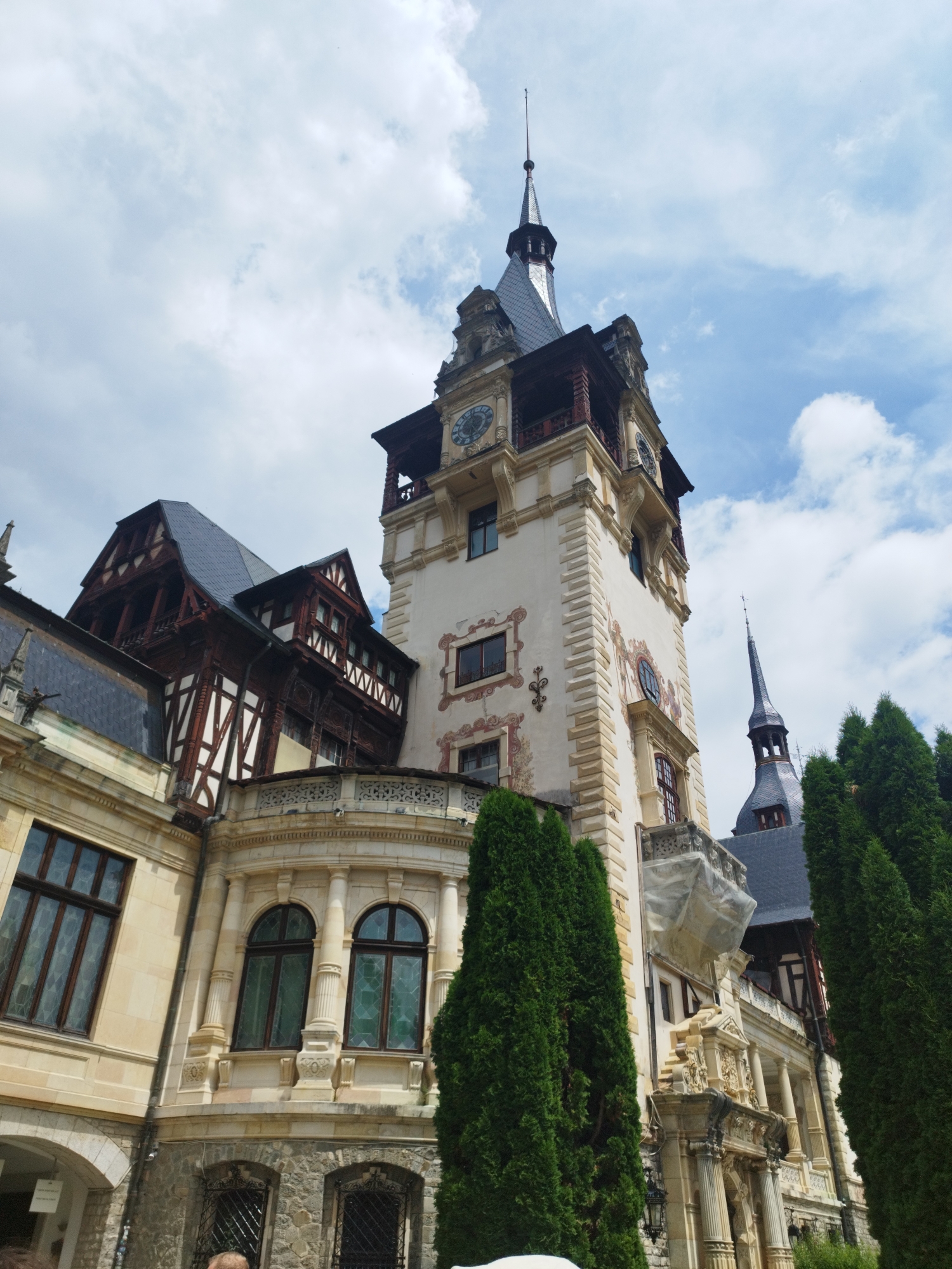 The image shows a low-angle, exterior view of Peles Castle in Sinaia, Romania, under a cloudy sky. The castle is an ornate, historic building with multiple towers and architectural styles, including Renaissance and Gothic influences. The main visible tower has a clock face and is topped with a spire. Adjacent to it is a section with timber framing and steeply pitched roofs. Two tall evergreen trees are prominent in the foreground, partially obscuring the view of the castle's lower levels. The architecture features decorative stonework, arched windows, and balconies. There are no people clearly visible in the frame. The environment appears to be a well-maintained historical site.